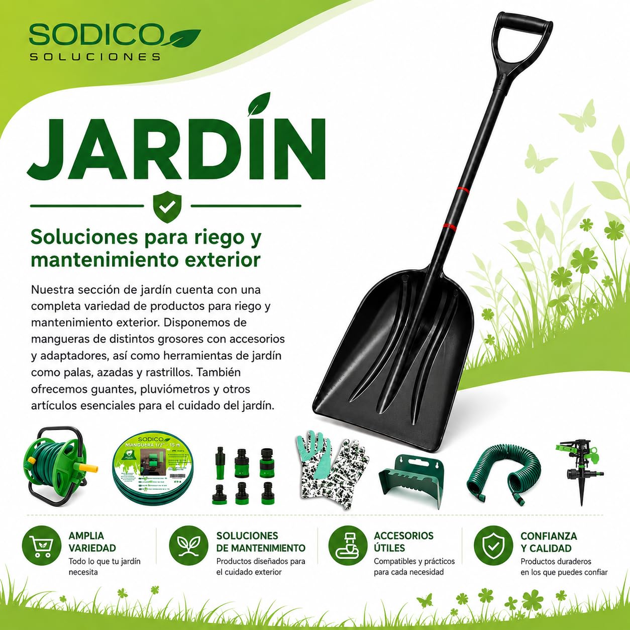 Pala de Plástico Grande para Jardín 120 cm - Cabezal 34 x 47 cm - Mango de Acero Forrado en PVC y Agarre en D, Pala Multiusos para Hojas, Tierra, Terraza y Nieve - Color Negro (Acero aleado)