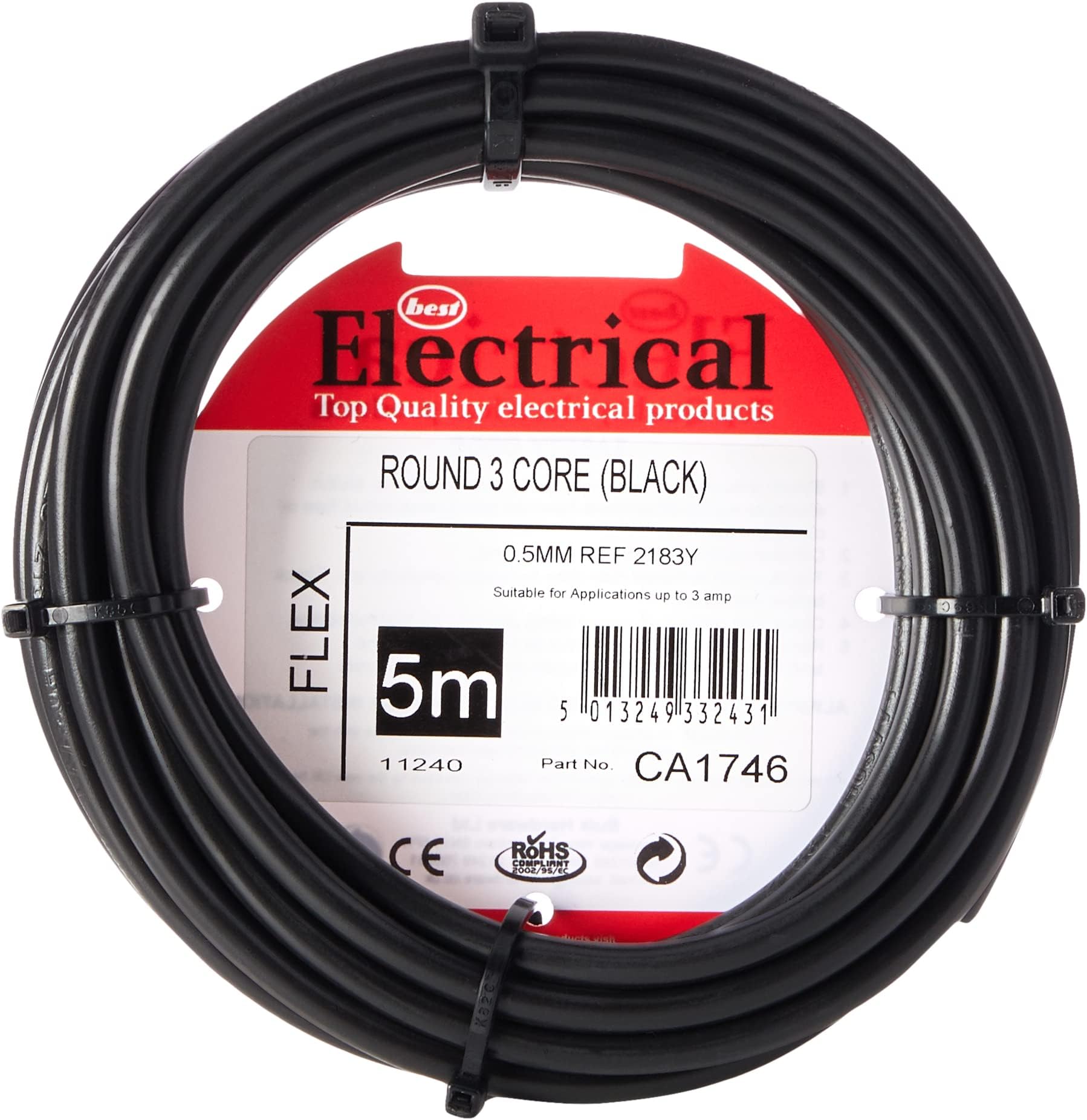 Merriway BH01494 0.5mm 3 Core Cable 2183Y 5m Black/White