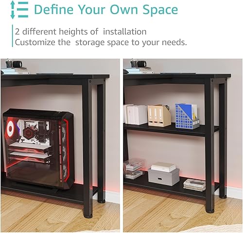 Miniatura 7 de Lufeiya - Escritorio negro en forma de L con luces LED y tomas de corriente, escritorio de 47 pulgadas para escribir, estudiar, computadora y juegos