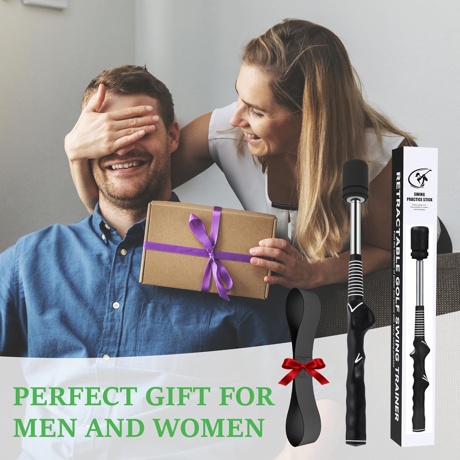 MIKOSI Golf Swing Training Aid, Retractable Golf Grip Trainer for Golf Training, Golf Swing Trainer with Arm Band for Warm-up, Right-Handed Grip Trainer Golf Club for Indoor & Outdoor Use