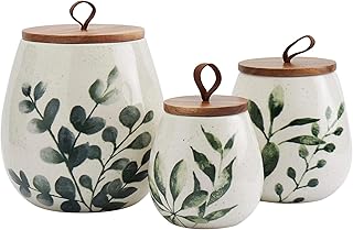 Unknown1 Tabletops Gallery 3pc Green Leaf Canisters with Acacia Wood Lid Multi Color Garden Ceramic