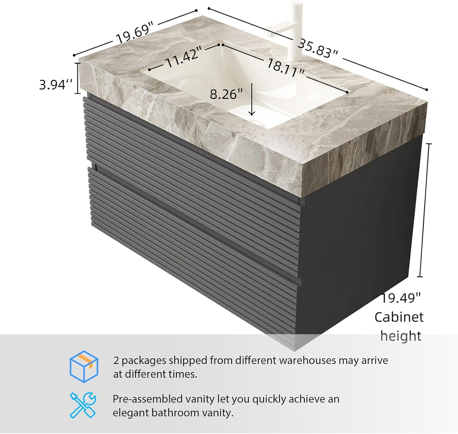 Eleshine 36" Bathroom Vanity with Undermount Sink, Floating Plywood Fluted Storage Cabinet with 2 Drawers, Itlay Light Gray with Stone Pattern Sintered Stone Top, Gray