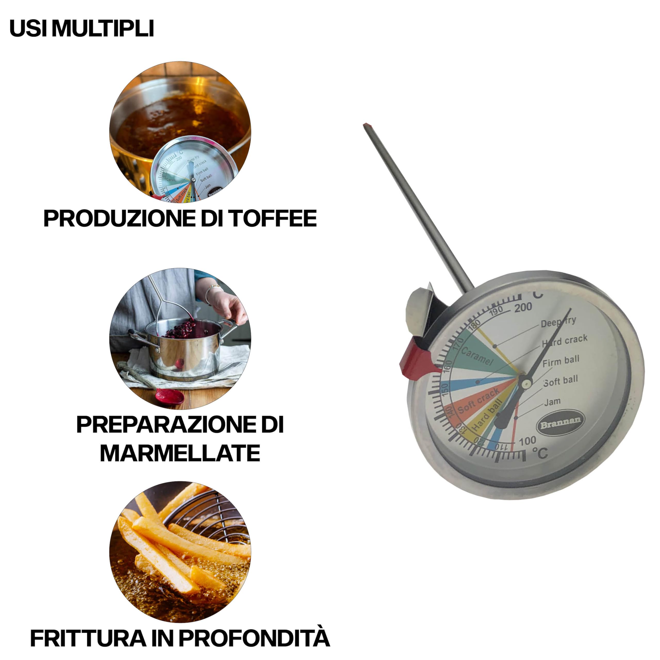 Brannan Termometro da zucchero con quadrante per marmellata, caramelle, dolci, pasticceria con sonda da 300 mm, ideale anche per cucinare olio e frittelle completo di clip per padella