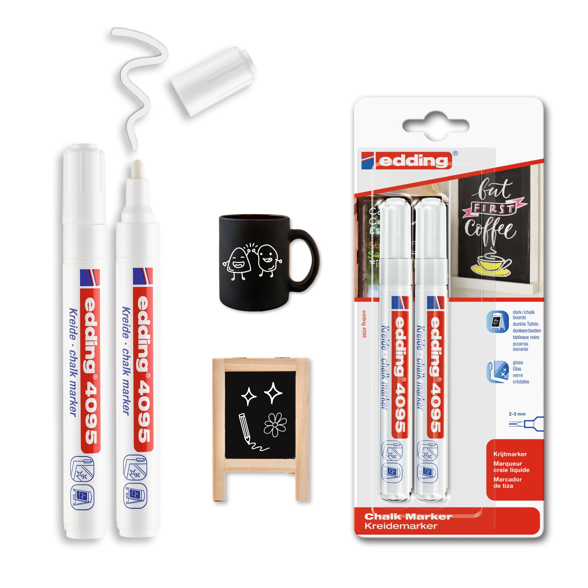 edding 4095 chalk marker - white - 2 chalk pens - round nib 2-3 mm - medium-nib wet wipe pen for chalkboards, windows, glass, mirrors - liquid chalk marker pens for opaque coverage
