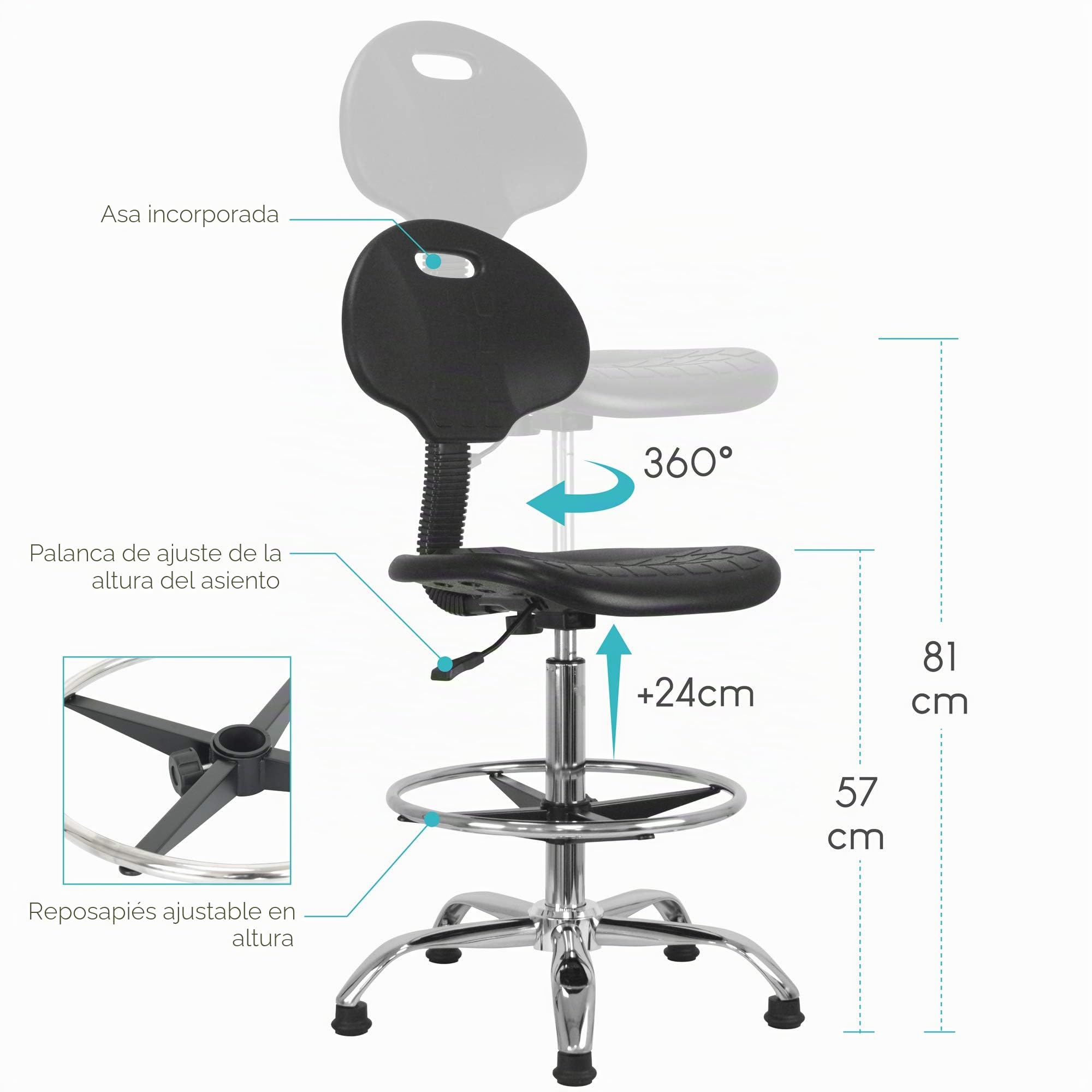 WAYTEX ATIK Asiento Alto de Trabajo Asiento y Respaldo ergonómico, Altura Regulable 57 – 81 cm con reposapiés de Metal Cromado, Giratorio 360 °