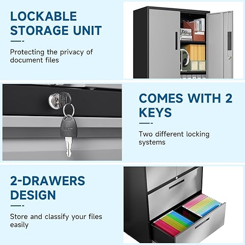 Vista 15 de Archivador de metal con cajón, archivador lateral vertical con cerradura, archivador con gabinete de almacenamiento para oficina en casa, gabinete
