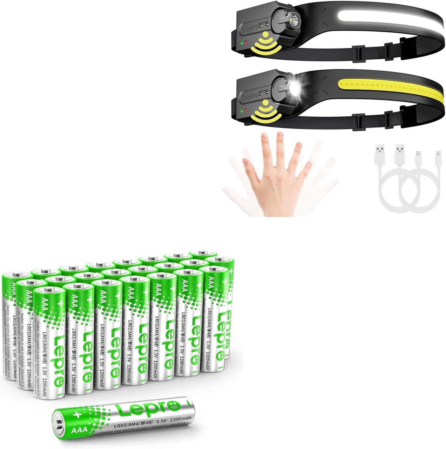 Lepro Bundle - AAA Batteries 24 Pack & LED Headlamp Rechargeable - Super Bright Head lamp with Motion Sensor 2 Packs