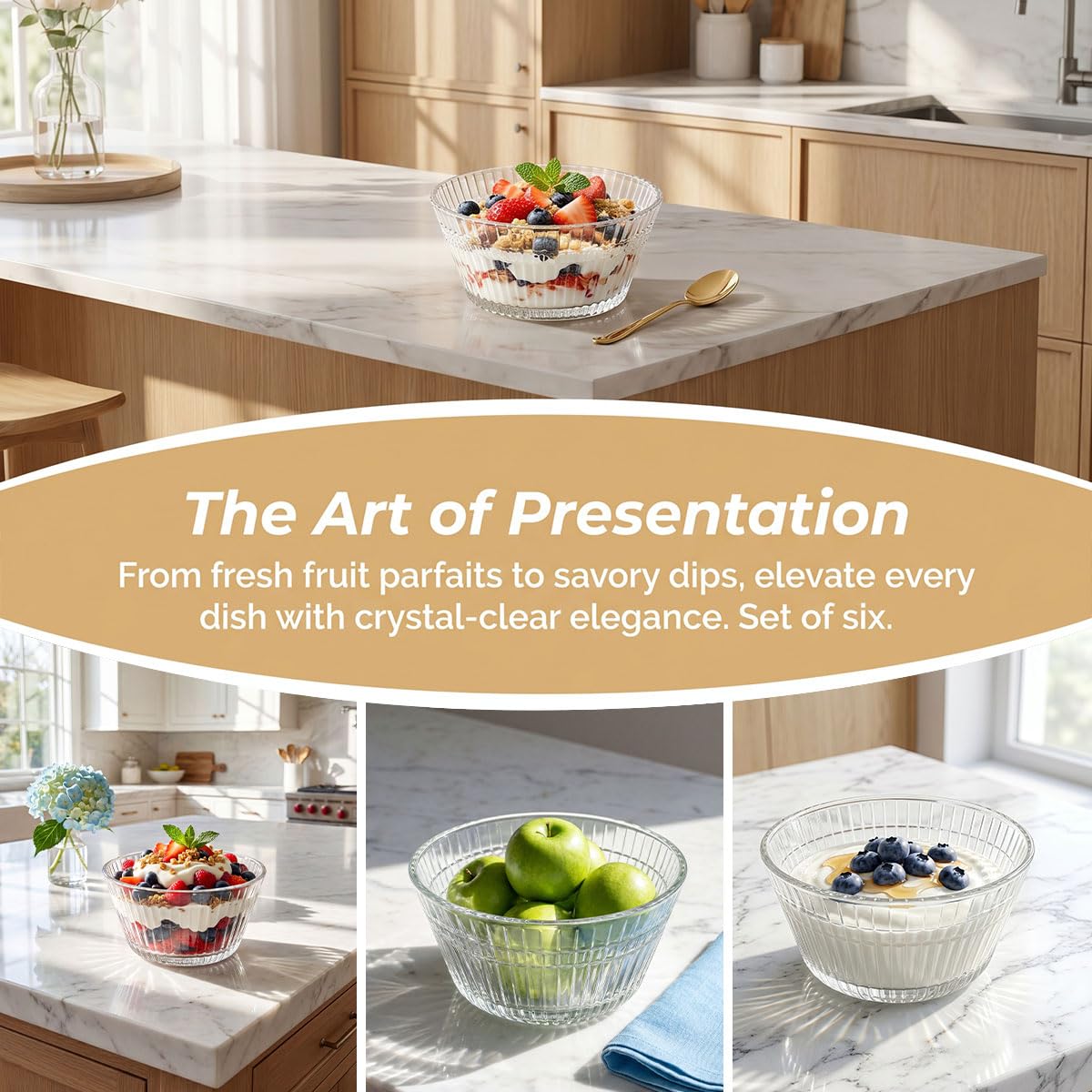 Lot de 6 Bols à Dessert en Verre Cannelé – 320 ml – Empilables Gain de Place – Pour Salade de Fruits, Yaourt, Glace, Apéro – Va au Lave-Vaisselle pour Maison, Mariage, Mère