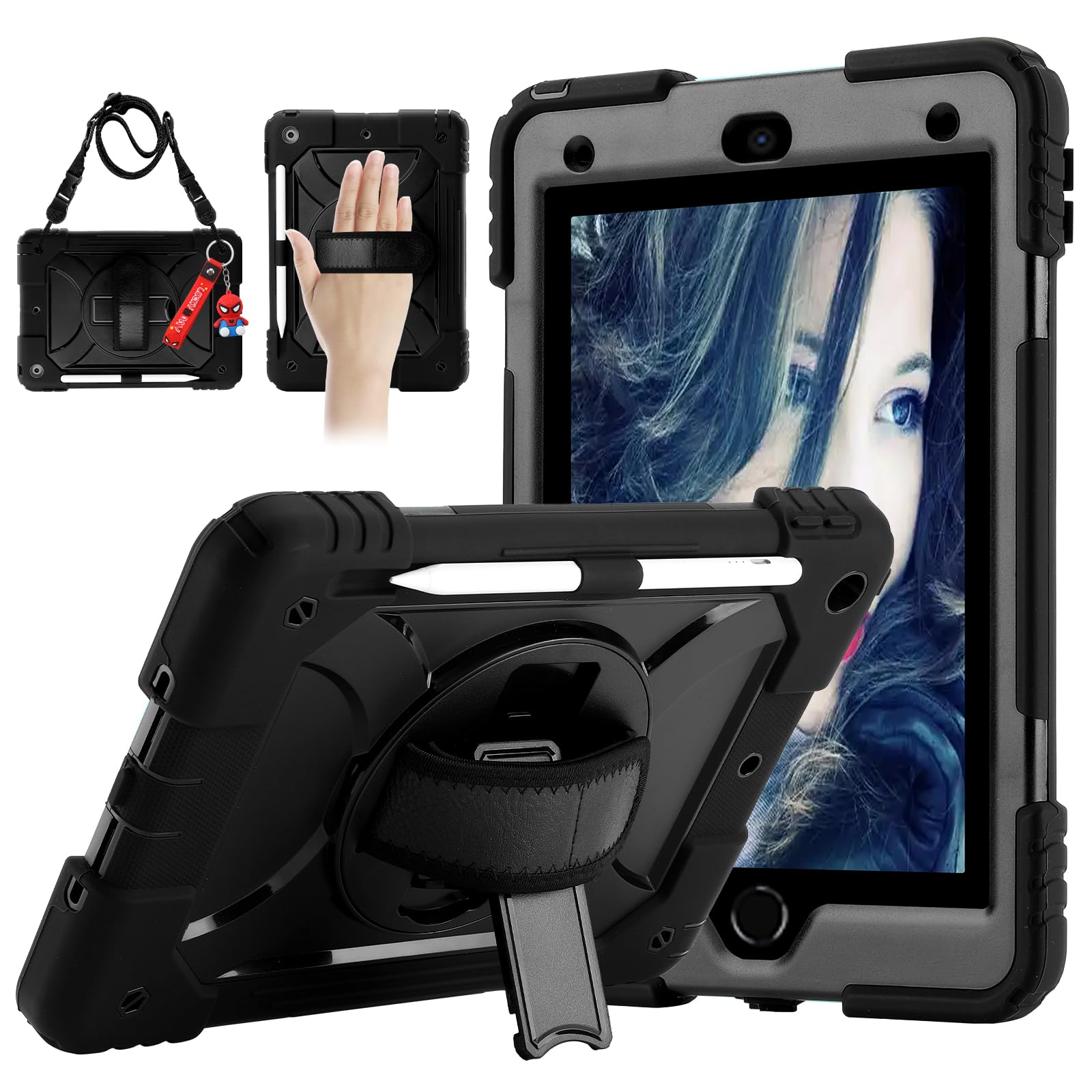 for iPad 9th/8th/7th Generation Case,iPad 10.2 Case 2021/2020/2019, with Cute Key Chain, Rugged Protective Case with 360°Rotating Stand & Shoulder