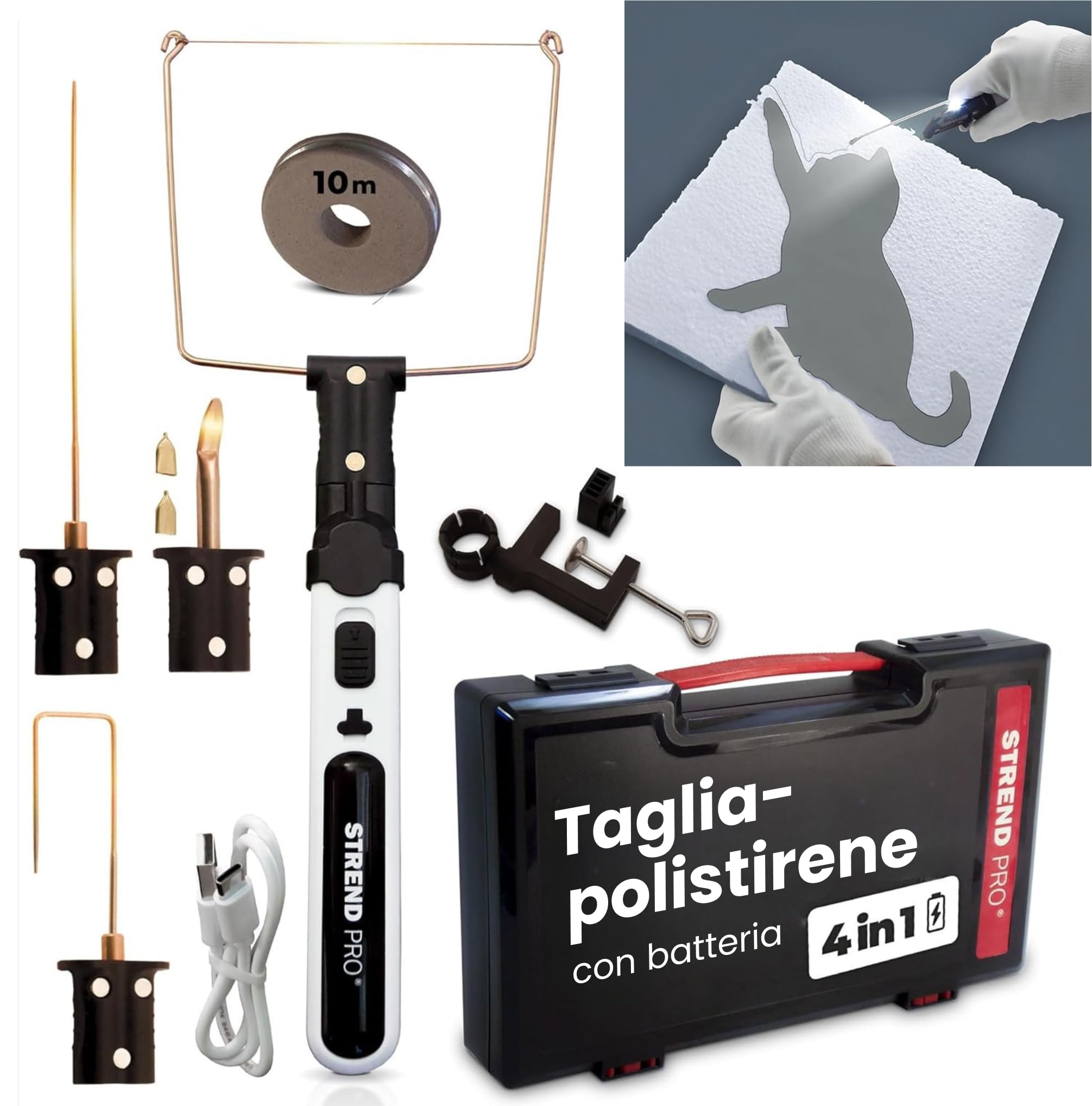 STREND PRO Tagliapolistirolo a Filo Caldo Ricaricabile | 4-in-1 Taglierino a Filo Caldo 550°C per Progetti Fai da Te | Valigia, USB-C, Filo da 10m, Adattatori per Coltelli | Taglierina Polistirolo