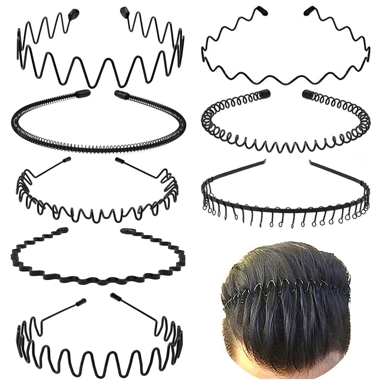 Metal Hair Band for Men,Women Elastic Wavy Hairband,Black Non-Slip Metal Headbands,Suitable for Outdoor Sports,Everyday Wear. (8 Pcs)