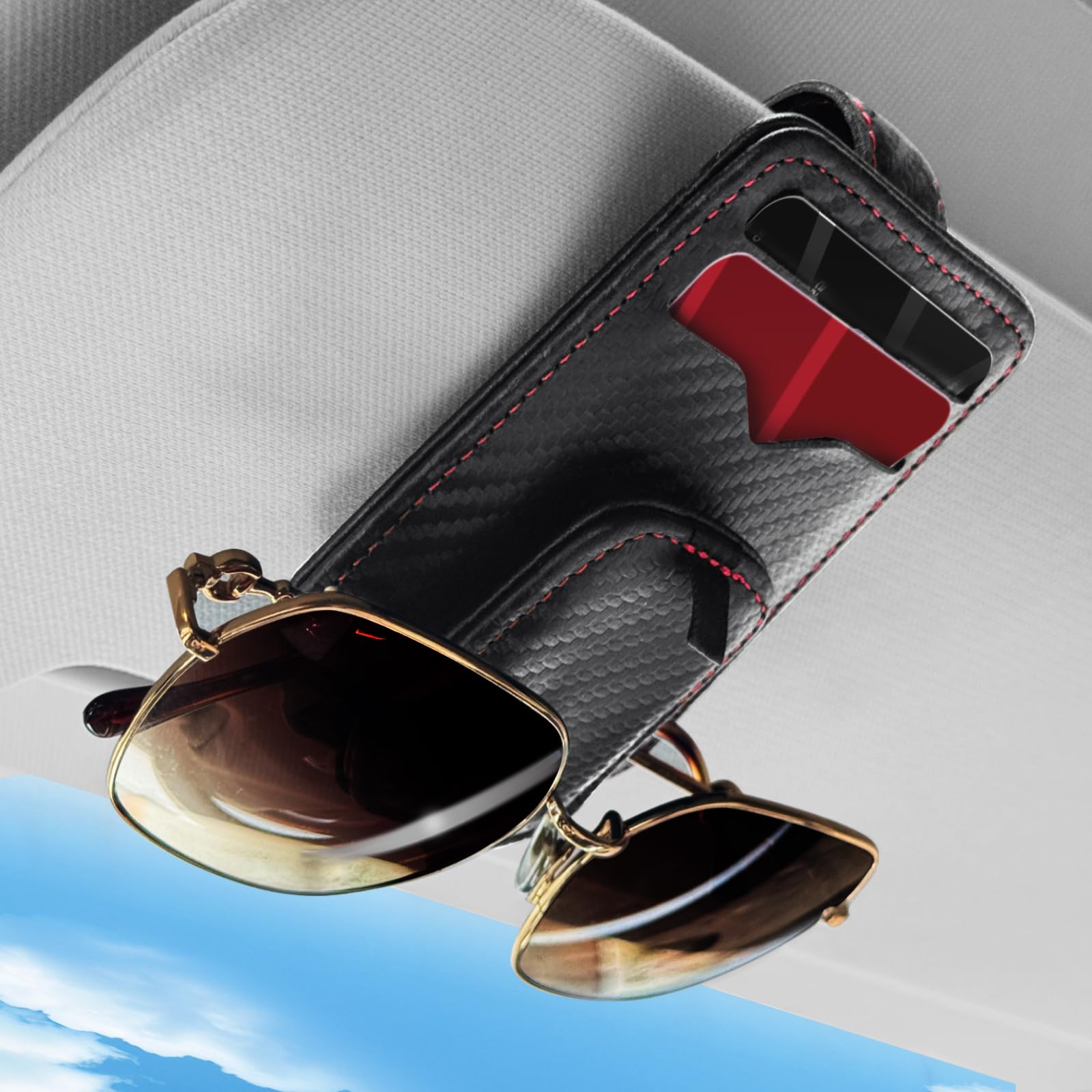 PETMGCOO Car Sunglasses Holder - Visor Clip Style & Magnetic Plush Leather Construction Doubles as Credit Card & Fuel Card Box with Storage Pocket &Holds Sunglasses