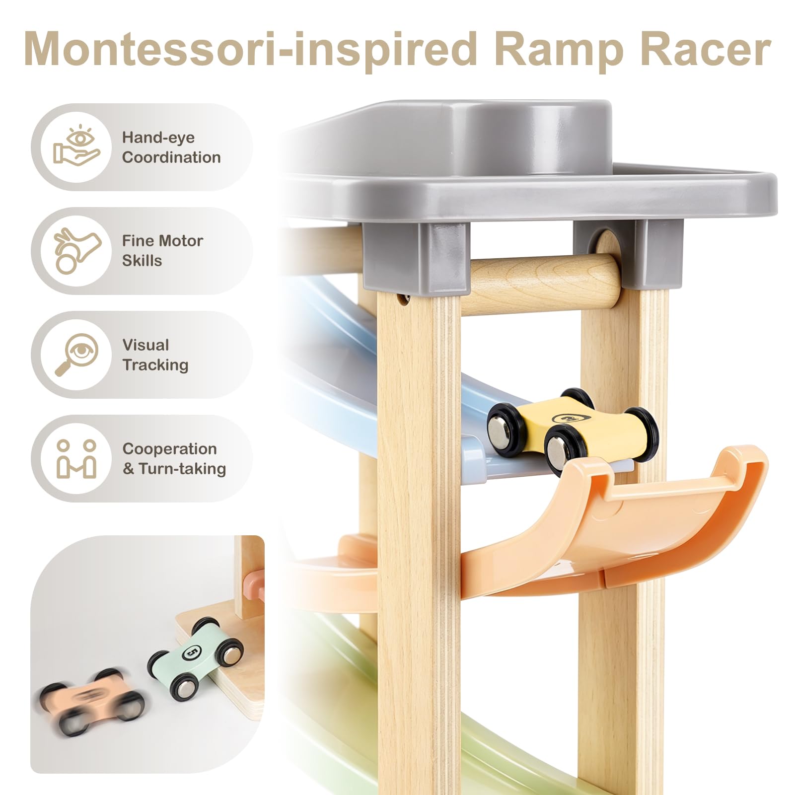 Joyreal Kugelbahn Baby Holz ab 1 2 3 Jahr - Montessori Auto Spielzeug, Kugelbahnen Holzspielzeug Kinderspielzeug Geschenk zum 1. Geburtstag Junge Mädchen Baby