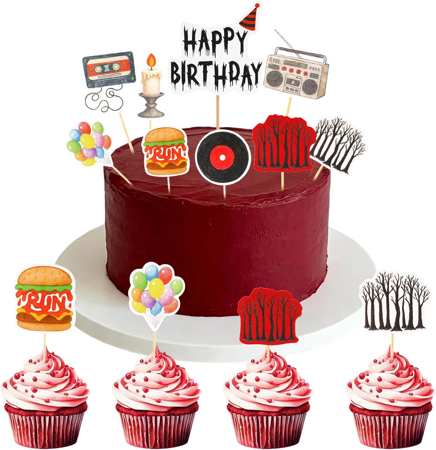 18pcs Retro Dark Happy Birthday Cake Topper, 9 Styles Cartoon Spooky Cake Decoration Horror Theme Birthday Decorations for Halloween Party Favors Supplies