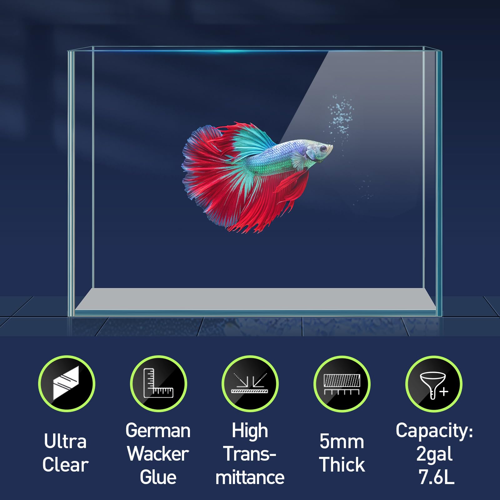 LAQUAL Kit Acuario de 7.6 L con Red, sifón & 2 paños de Limpieza, Cristal Transparente, pequeño Acuario para Betta y Peces Dorados, Bonita decoración del hogar