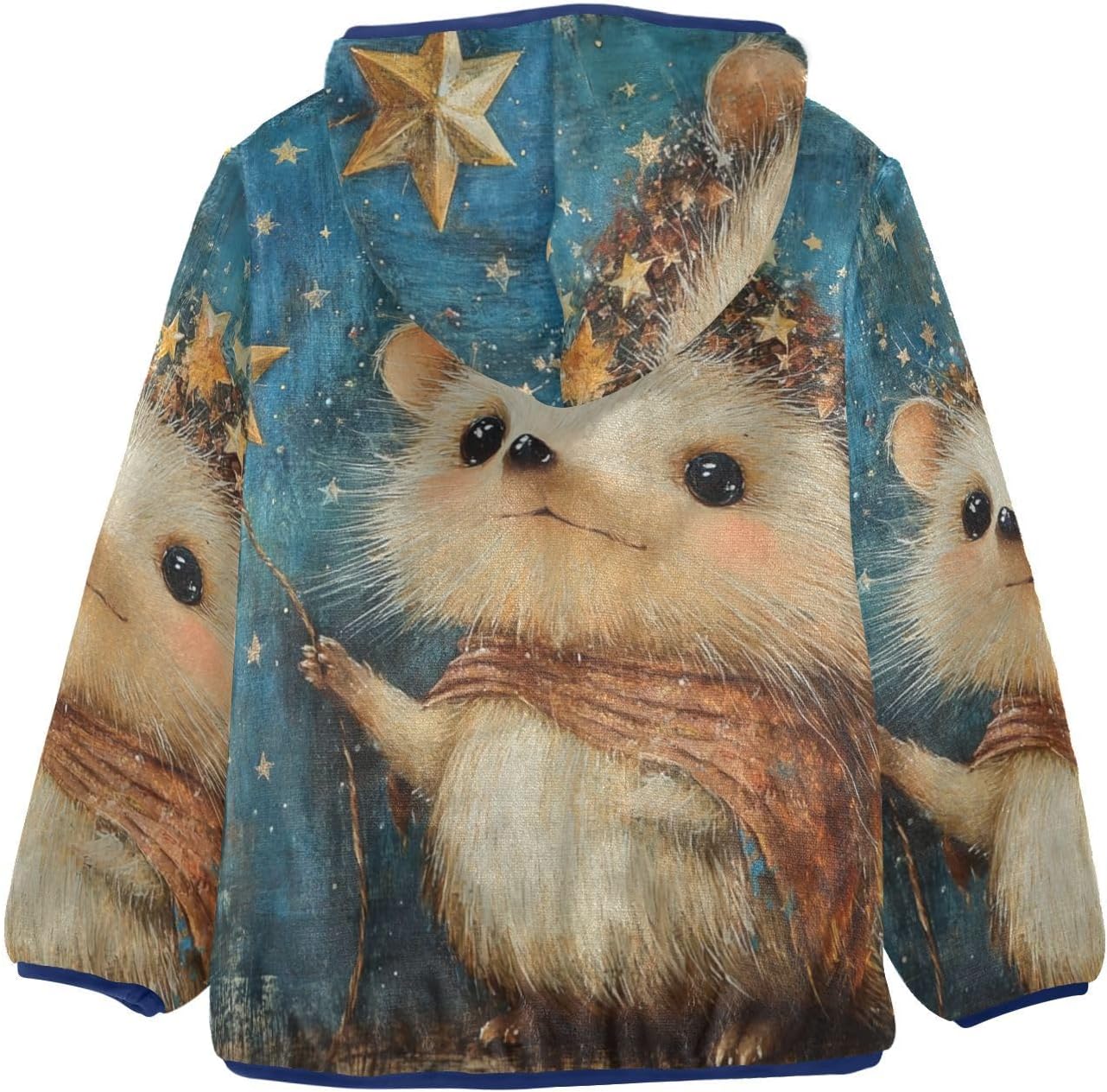 Hedgehog Cartoon Illustration Toddler Soft Jackets Children Plush Outerwear Navy Blue Baby Boys Hoodie