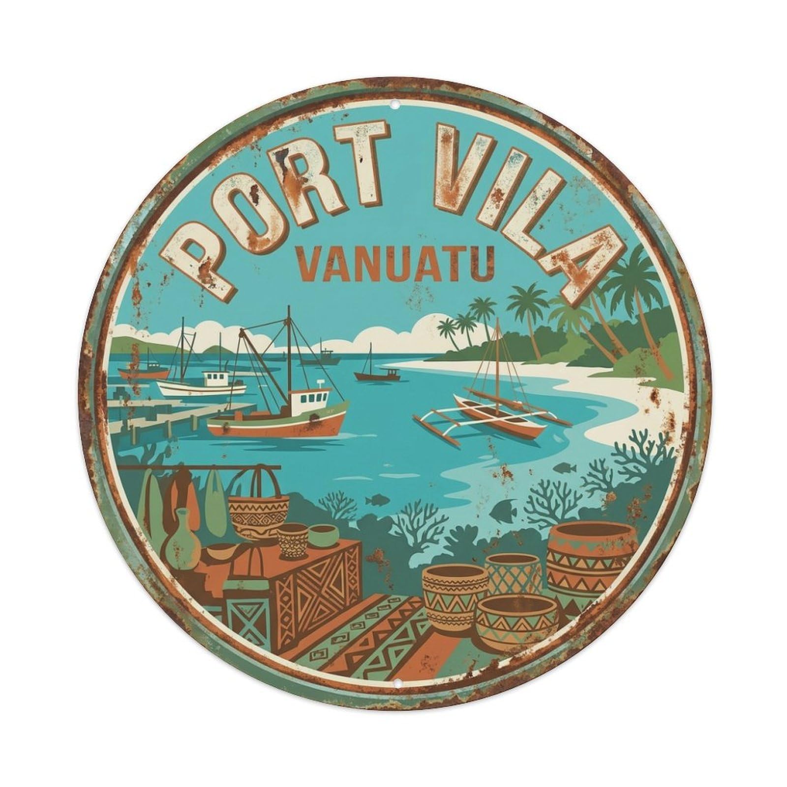Olyhtr 8X8inch Classic Style Vintage Vanuatu Capital Harbor Travel Landmark Metal Tin Sign