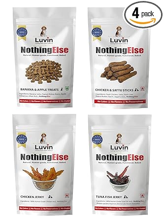 Luvin Nothing Else Treats for Dogs | Human-Grade | Rotation Pack (Chicken & Sattu Sticks 150 gm, Tuna Fish Jerky 70 gm, Banana & Apple Treats 150 gm, Chicken Jerky 70 gm) 440 gm