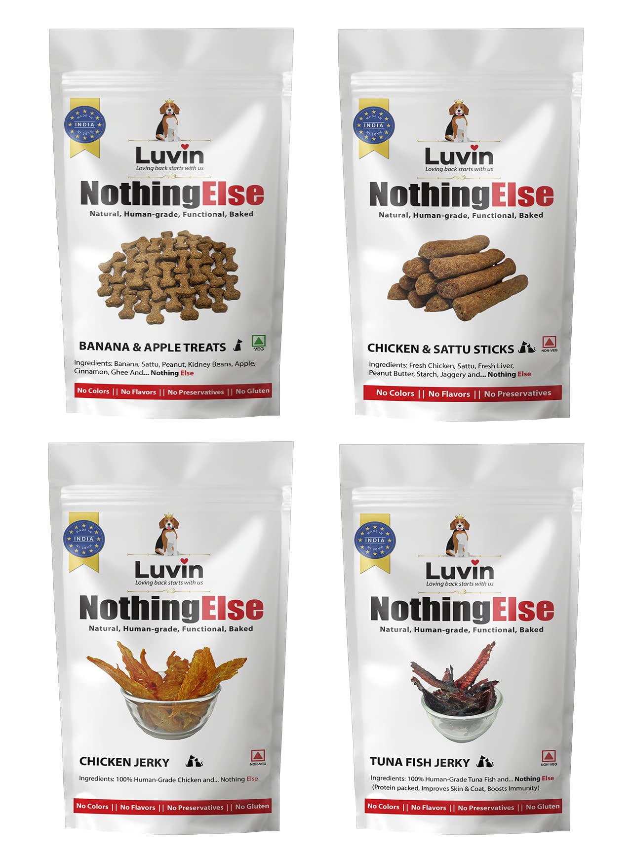 Luvin Nothing Else Treats for Dogs Combo Pack of 4 | Chicken & Sattu Sticks 150 gm | Tuna Fish Jerky 70 gm | Banana & Apple Treat 150 gm | Chicken Jerky 70 gm (B09TPHDR4G) Amazon Price History, Amazon Price Tracker