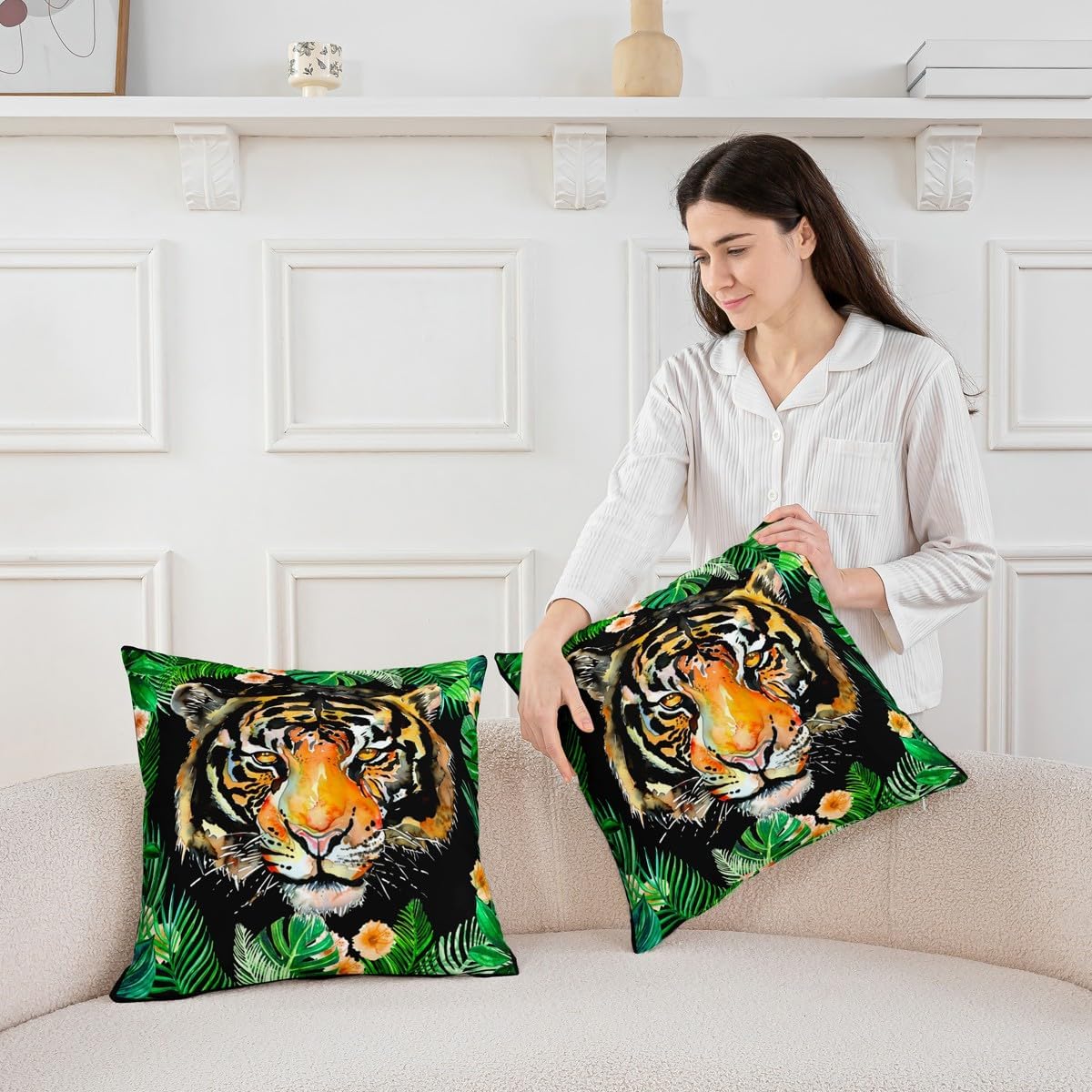 Manfei Abstract Animals Fur Rustic Pillow Case Cover Single Pack,Palm Leaves Tropical Plants Pillow Cover 24"x 24" Soft Square,Tiger Decorative Throw Couch Sofa Pillow Cover