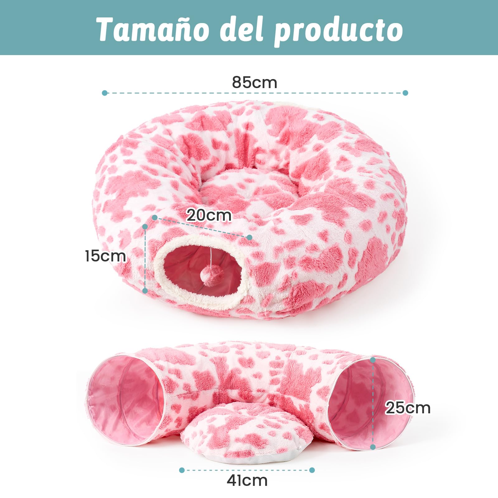 COZY KISS Tunnel per Gatti Interni con Letto, Tunnel con Due Entrate, Cuccia Con Cuscino Lavabile, Peluche Morbida, Interattivo per Cuccioli/Gattini/Conigli (Rosa & Nero, 85D)