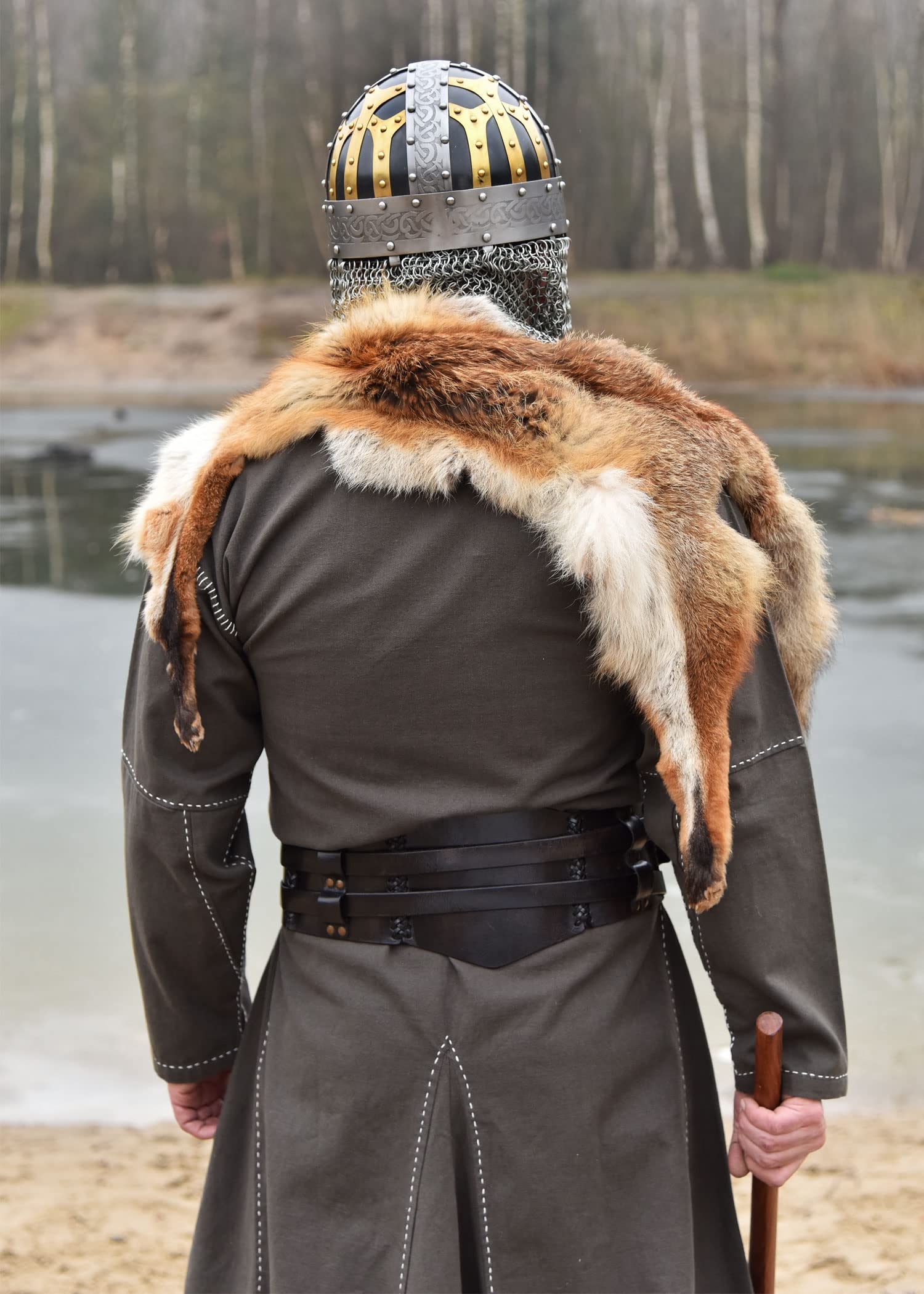 Battle-Merchant Wikinger Brillenhelm mit Kettenbrünne, mit Lederinlay