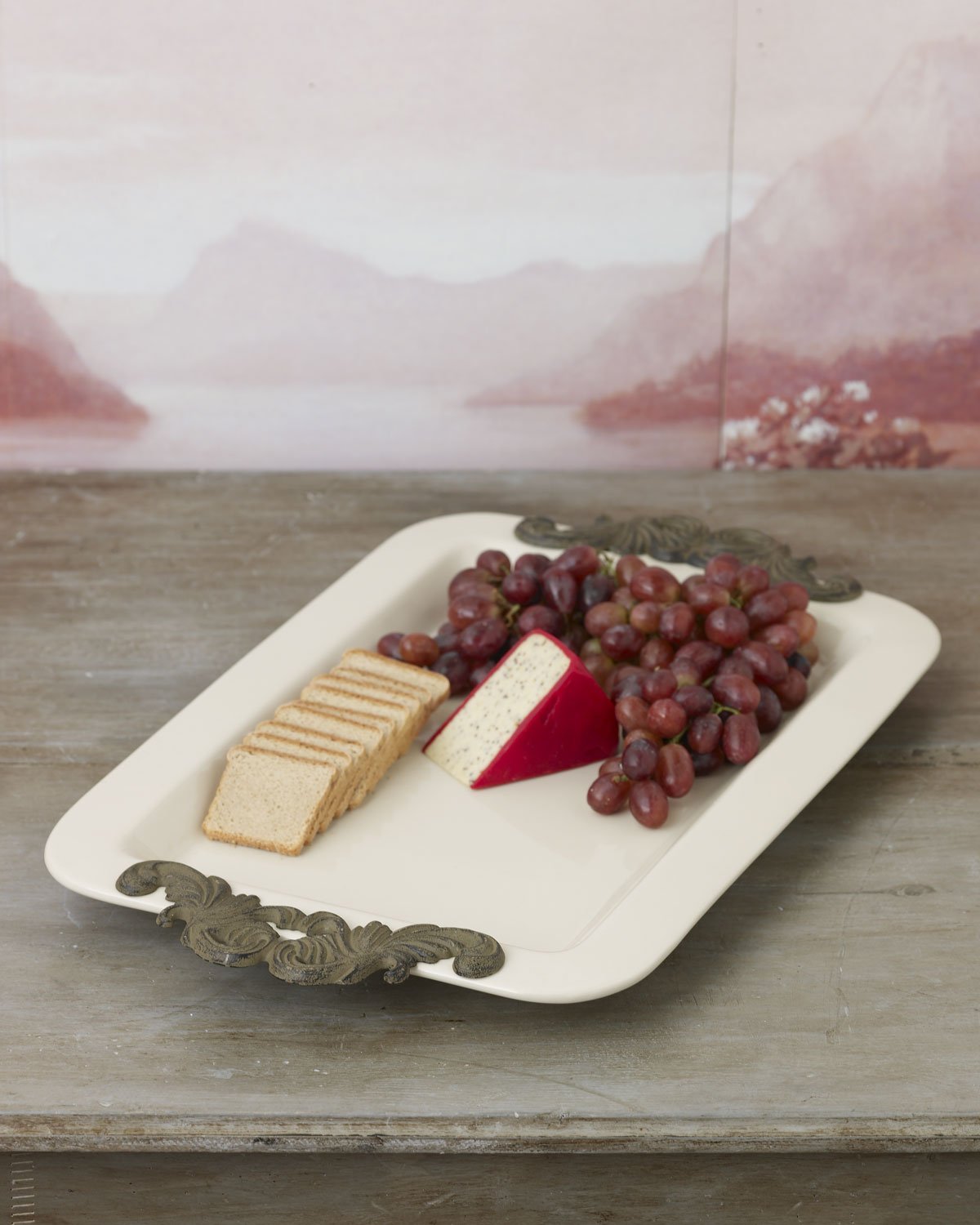 23.75-Inch Long Cream Ceramic Tray with Acanthus Leaf Styled Metal Handles