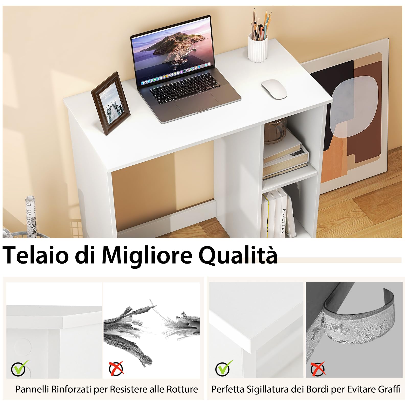 COSTWAY Scrivania per Computer in Legno con 2 Ripiani per Ambienti Piccoli, Scrivania Moderna e Salvaspazio da Casa e Ufficio, 80 x 40 x 74 cm (Bianco)