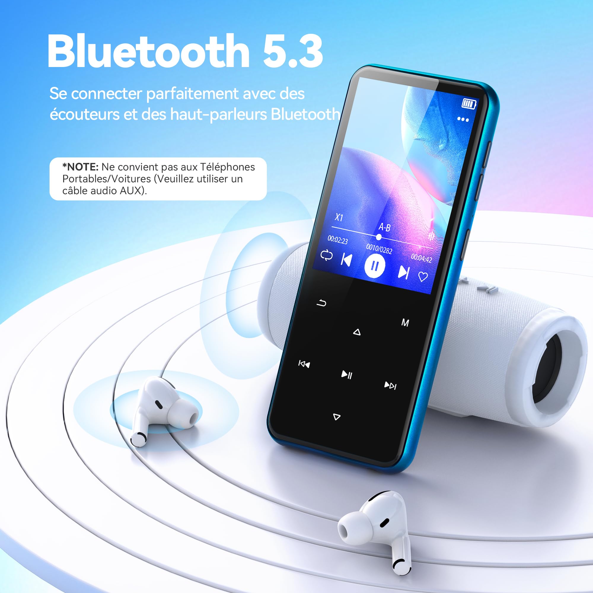 AGPTEK 2.4" Grand Écran MP3 Bluetooth avec Haut-Parleur, avec Etui Rigide en Matériel EVA