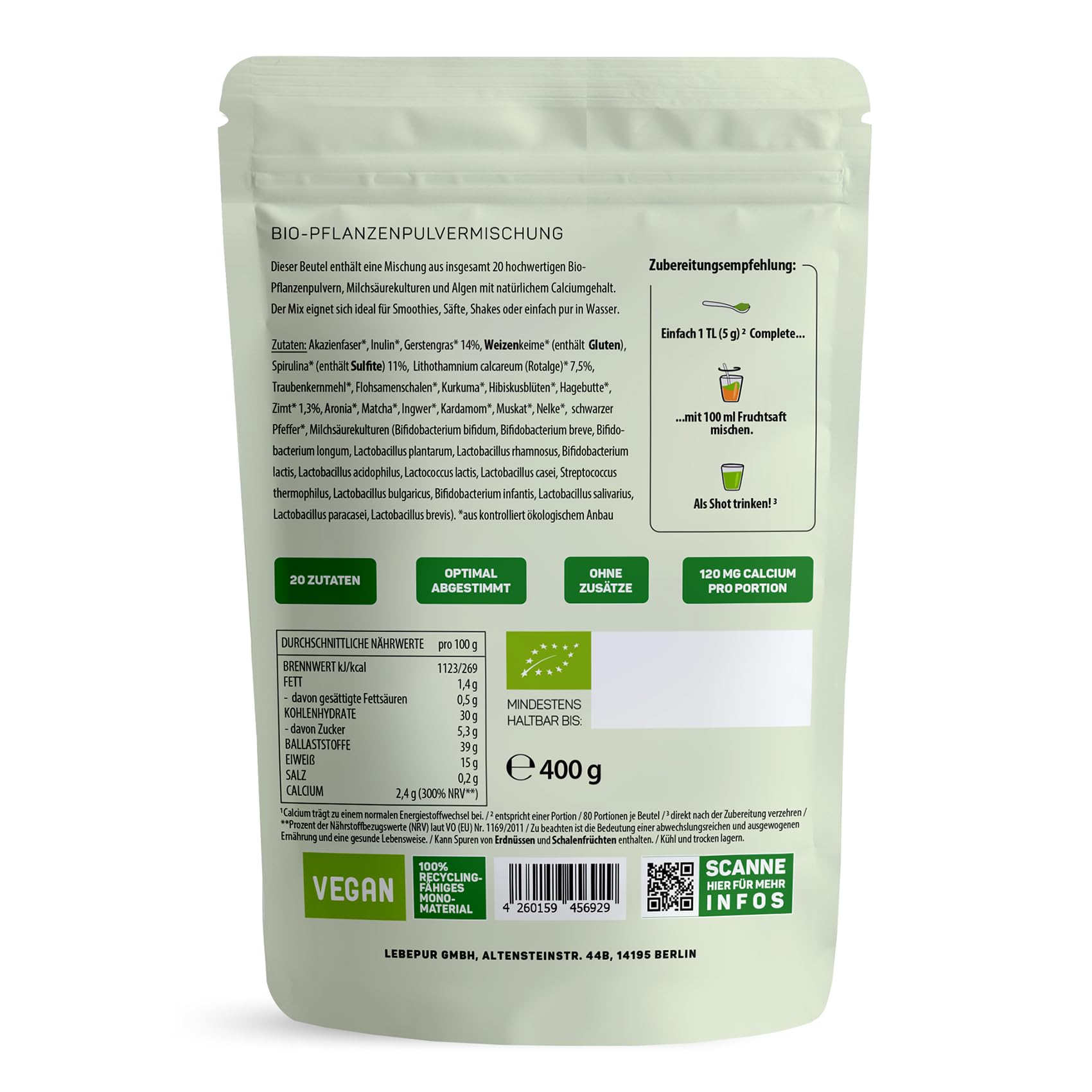 Lebepur BIO COMPLETE Mix (400g) – Daily Greens mit Spirulina, Gerstengras & Probiotika – Unterstützung des Energiestoffwechsels durch natürliches Calcium – 20 hochwertige Bio-Zutaten