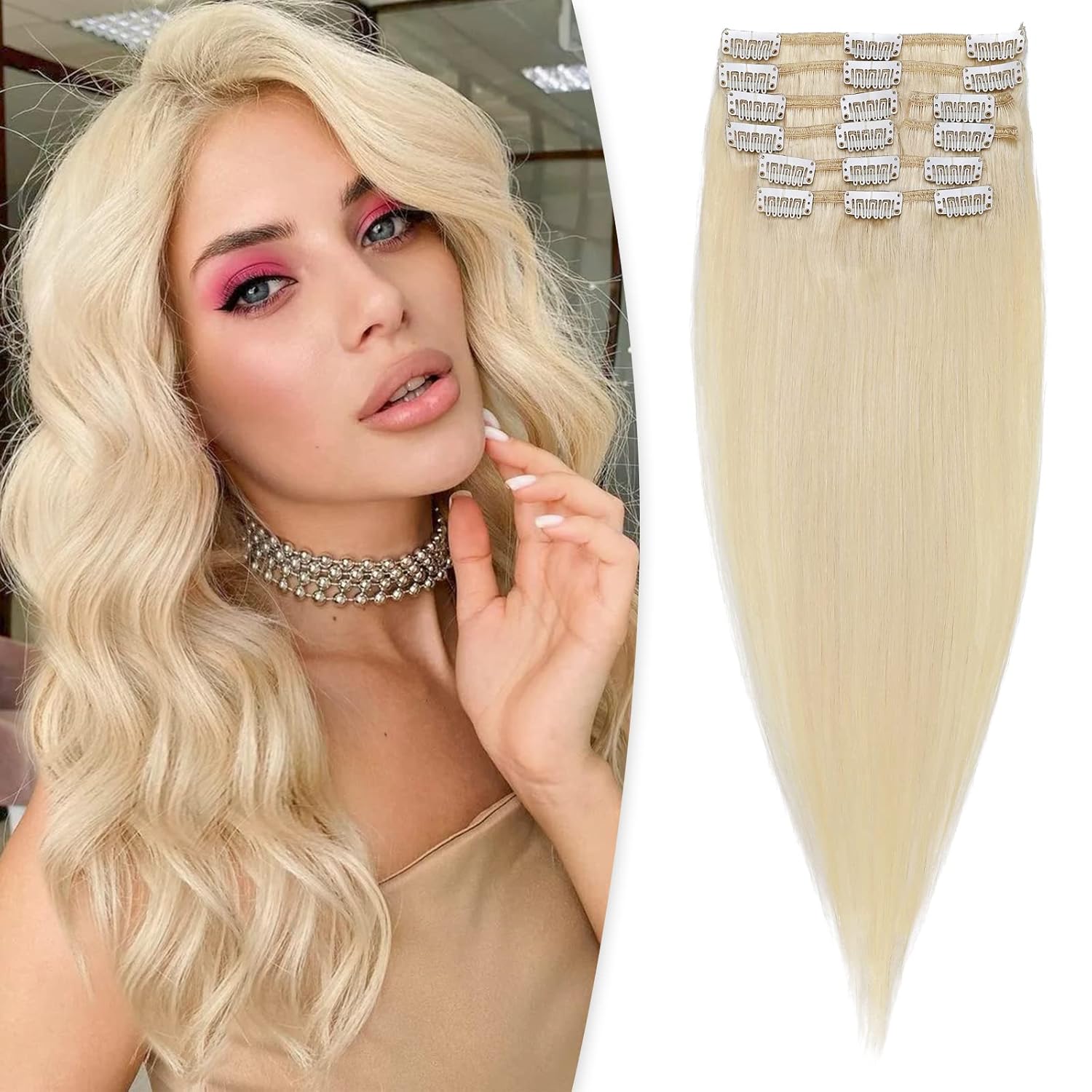 Benehair Handmade Silky Soft Clip in Hair Extensions Real Human Hair, 100% Remy Long Straight Clip in Hair Extensions for Women, #60 Platinum Blonde Hair Extensions Clip ins 75g/pack 8pcs 16 Inch
