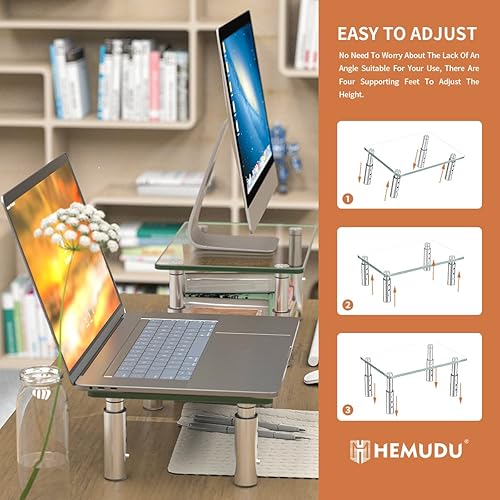 Miniatura 8 de Hemudu Paquete de 2 soportes elevadores para monitor, 3 alturas ajustables para laptop, soporte elevador de monitor para PC, computadora, portátil,