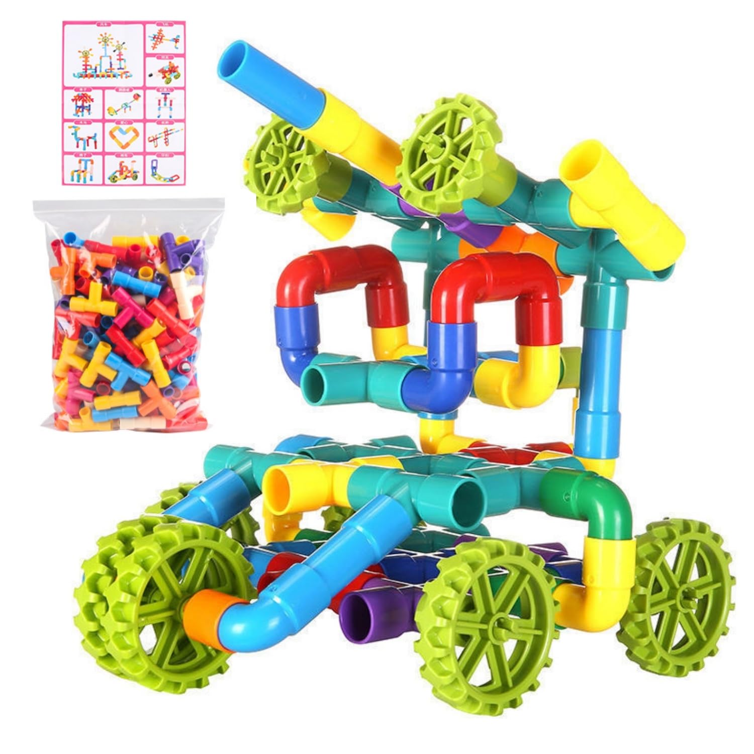 Pack of 100 Classic Building Blocks Assembly of Toys with Wheels, DIY Water Pipe Building Blocks Toy, Educational Toy Building Blocks Set, Gift for Creative Learning Education, Plug-In Game for Boys