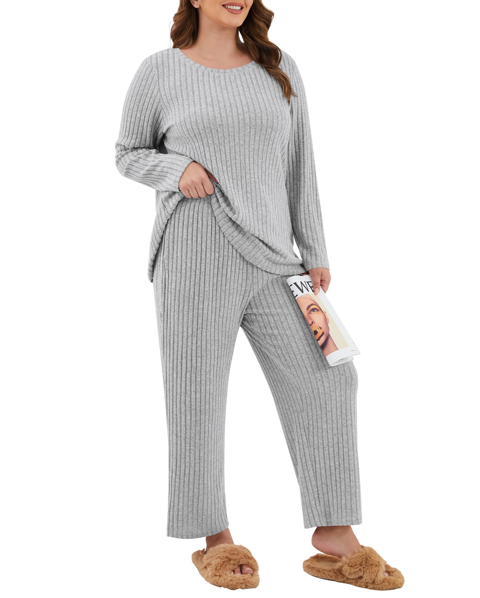 TIANZHU Damen Schlafanzug Set Casual Langarm gerippte Oberteile Weite Hosen mit Taschen 2 Stück Lounge Nachtwäsche S-2XL