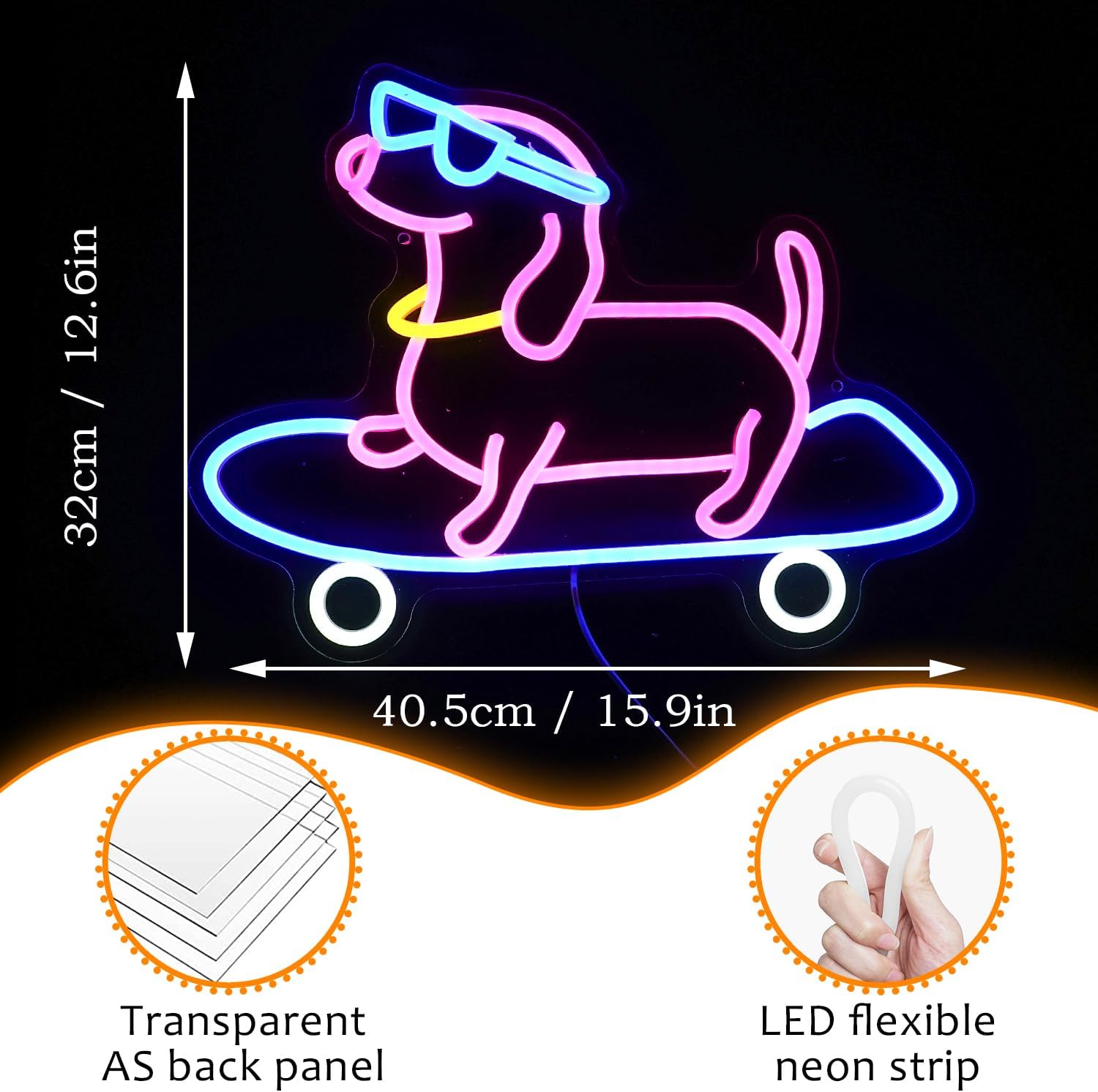 Skateboard Dog Neon Sign Dimmable Funny Dachshund Skateboarding LED Neon Light Wall Art Decor for Bedroom Bar Game Room Cute Pet Lover Gift
