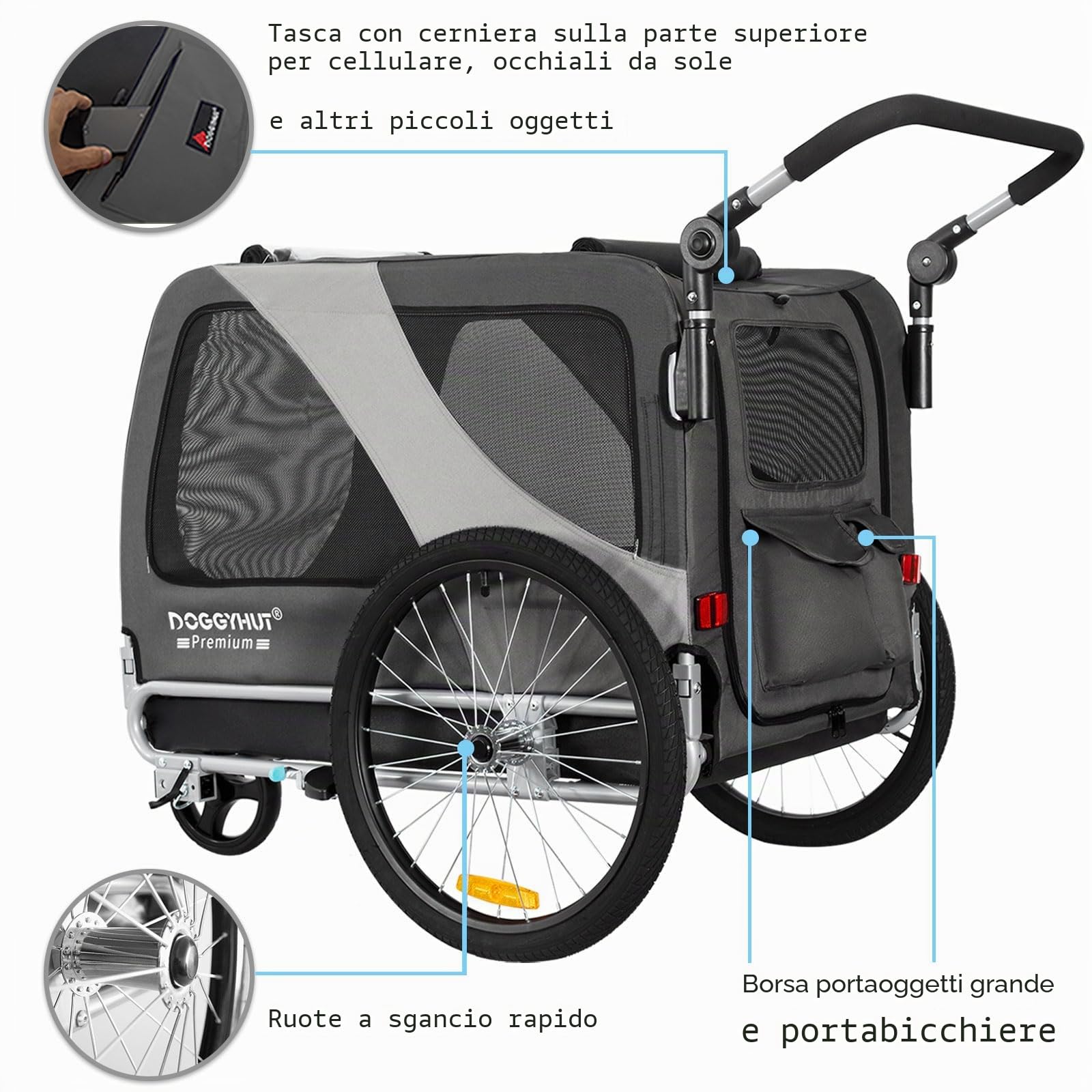 DOGGYHUT® - Rimorchio per bicicletta 2 in 1 per cani e jogging, 23 – 45 kg, per cani, per bicicletta, 80106 (grigio)