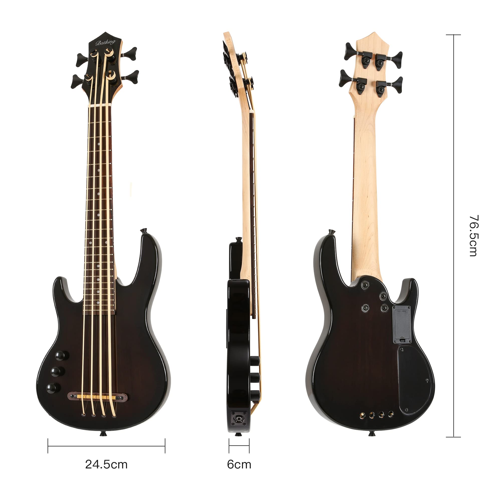 Batking Ukelele bajo con trastes de 4 cuerdas, bajo eléctrico Uku con bolsa de concierto (mano izquierda negra)