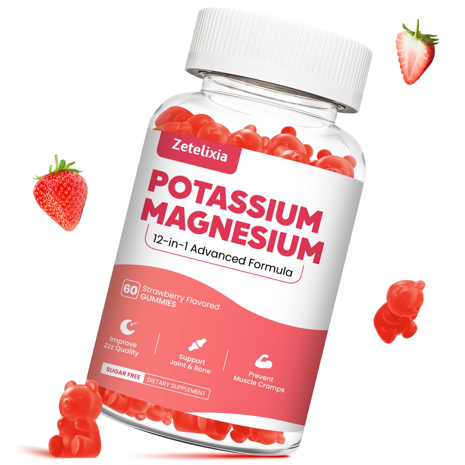 Potassium Magnesium Supplement Gummies for Adults Kids, Magnesium Glycinate & Potassium Citrate, Plus Multivitamin, Omega-3 & Black Pepper, Leg Cramps, Muscle & Heart Health, 60ct Potassium & Magnesium 60 Count (Pack of 1)