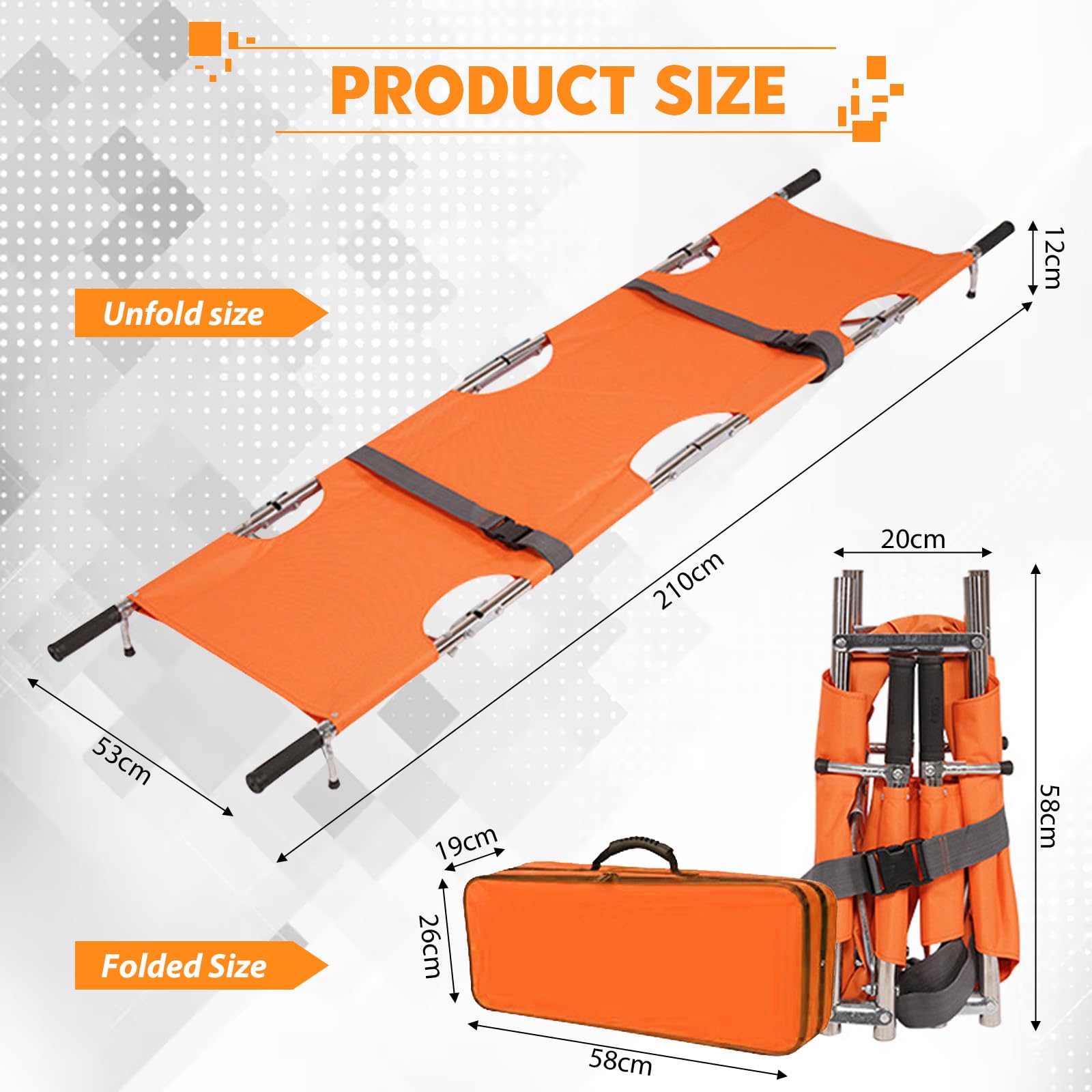 Krankentrage, Klappbare Rettungstuch, 210 * 54cm Rettungstrage mit Schnallen Aufbewahrungstasche für Bergrettung und Ferntransport(Orange Farbe)