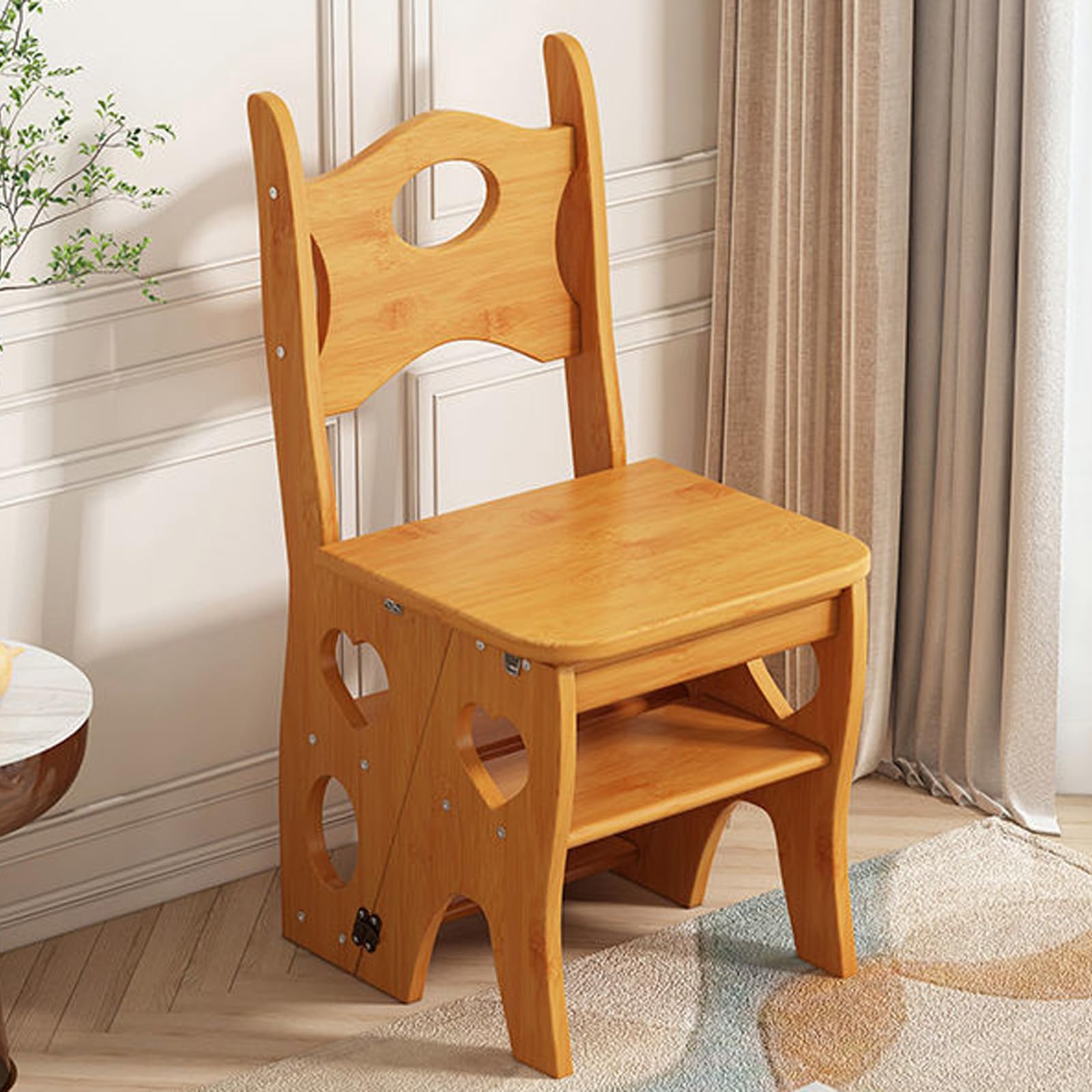 Solid Wood 4-Step Ladder Chair - Foldable Dual Purpose Stepladder Display Stand for Library Kitchen Office (Walnut)