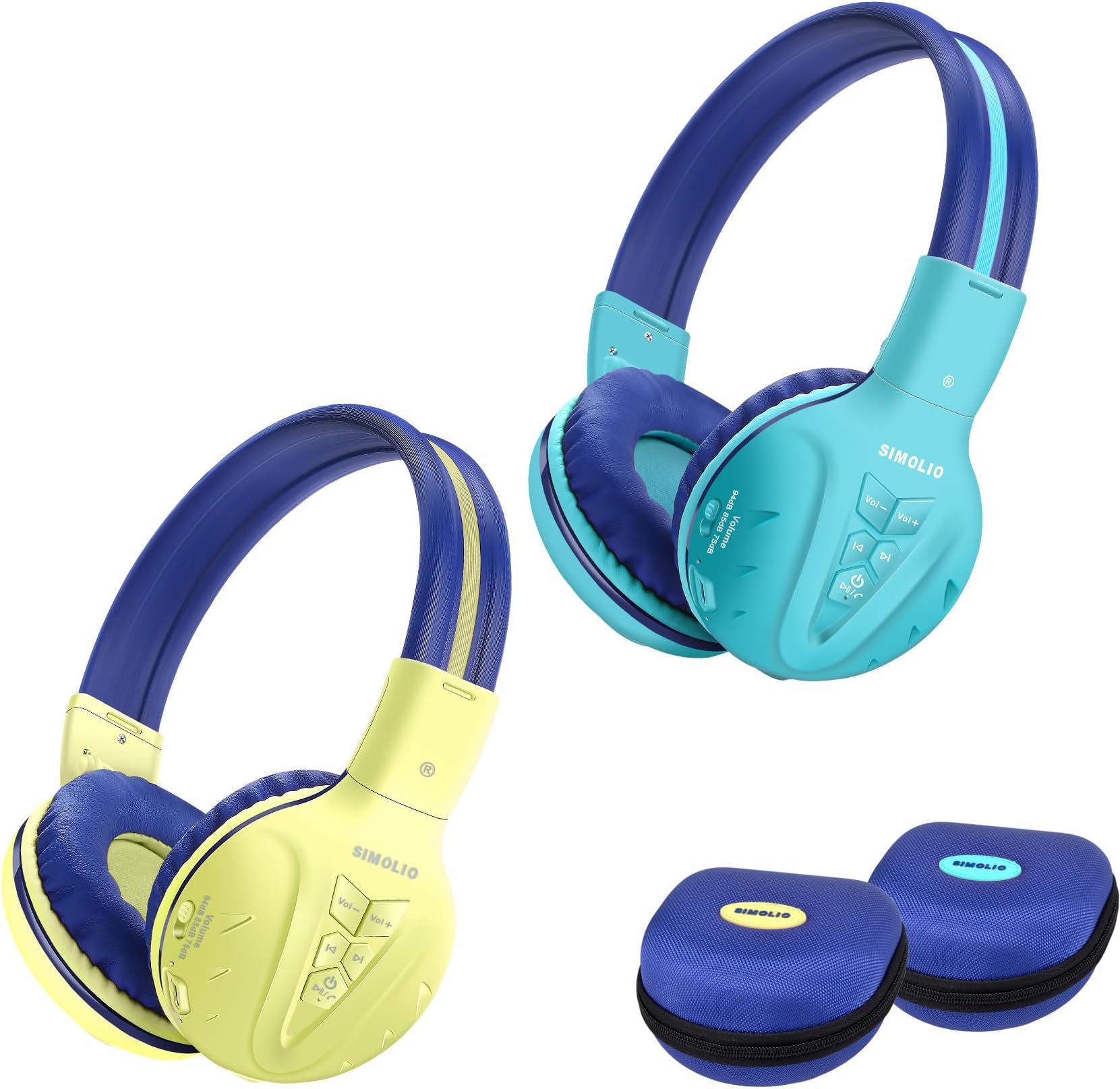 SIMOLIO 2 Pack Wireless Kids Headphones with Share Port, Bluetooth 6.0 w/Mic for Toddler Teens, 75/85/94dB Volume Limit, Foldable Stero Headsets w/Travel Case for School iPad Tablet, USB C Charging