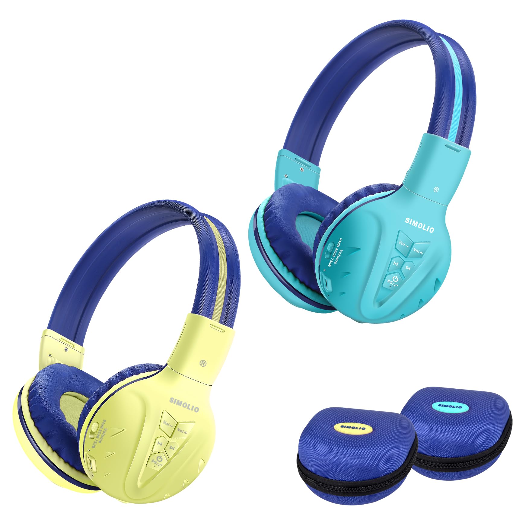 SIMOLIO Lot de 2 écouteurs sans fil pour enfants avec coque rigide, Bluetooth, volume limité, casques supra-auriculaires sans fil pour filles, garçons, école, voyage (menthe, jaune)