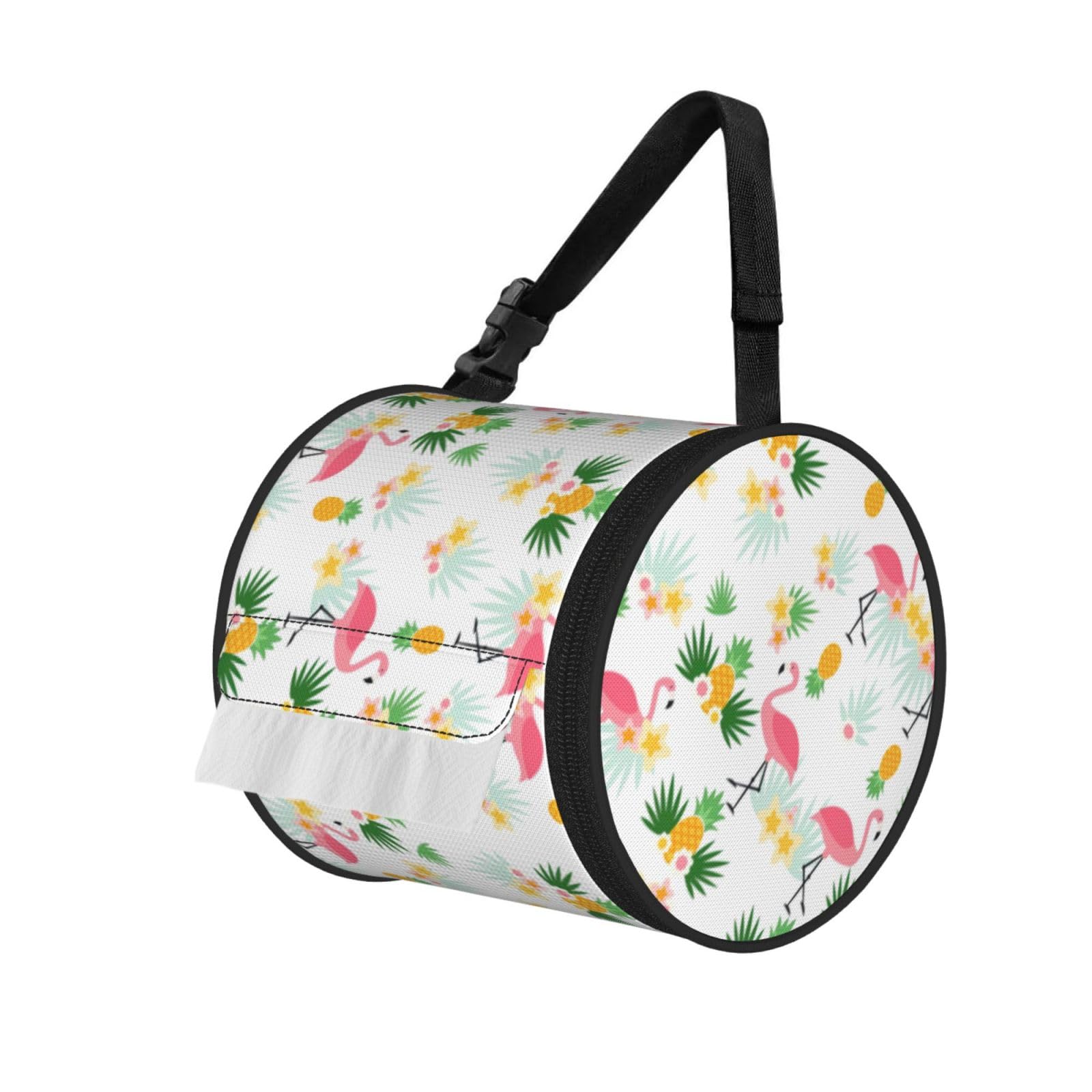 Flamingos And Pineapples Print Cylinder Tissue Holder Bag With Strap, Portable Roll Dispenser Case For Car Rv Camping