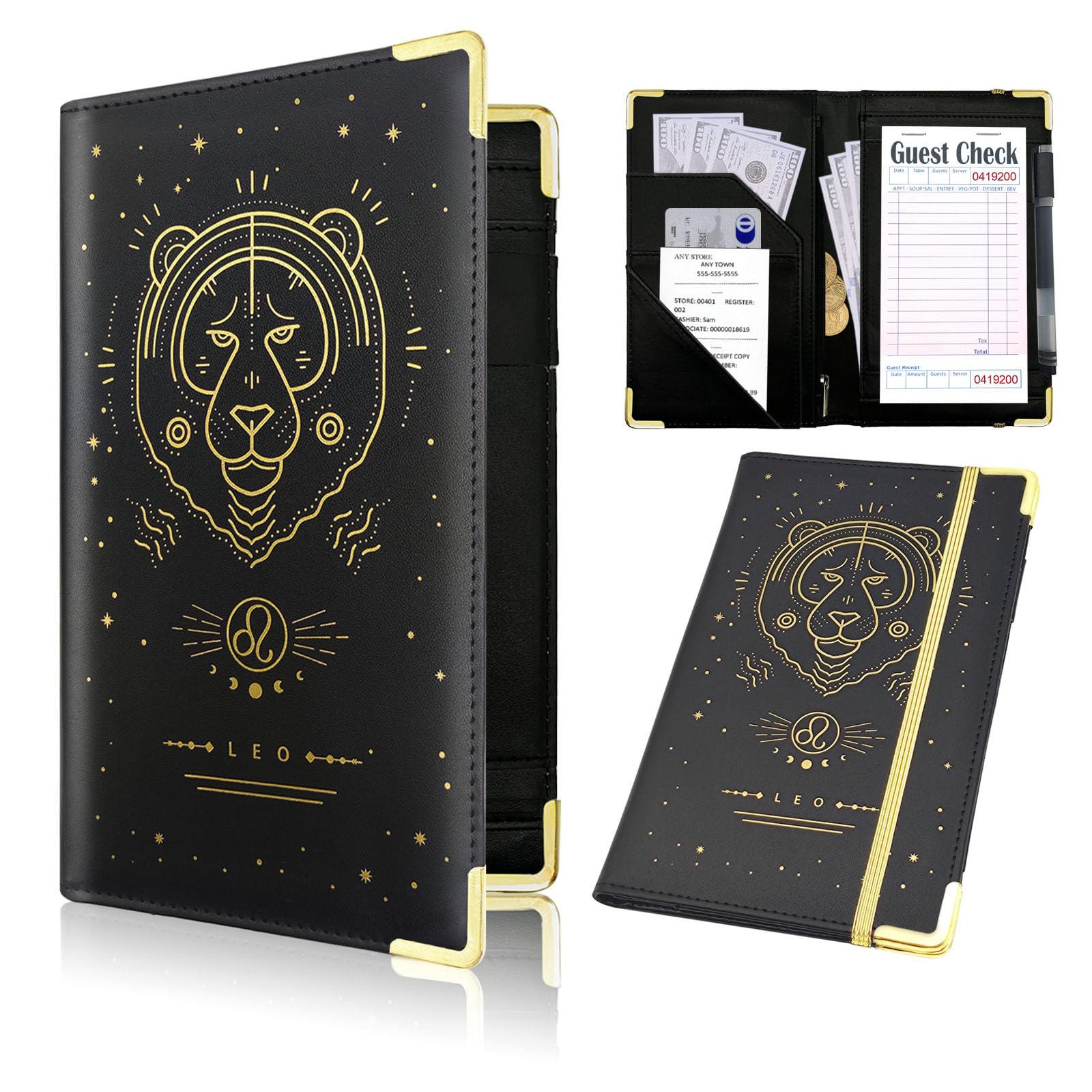 12 Zodiac Signs Server Book, Black Leo Server Books for Waitress Cute, Waiter Receipt Book, PU Leather Waitress Book with Zipper Pocket, Waitress Accessories(Leo)