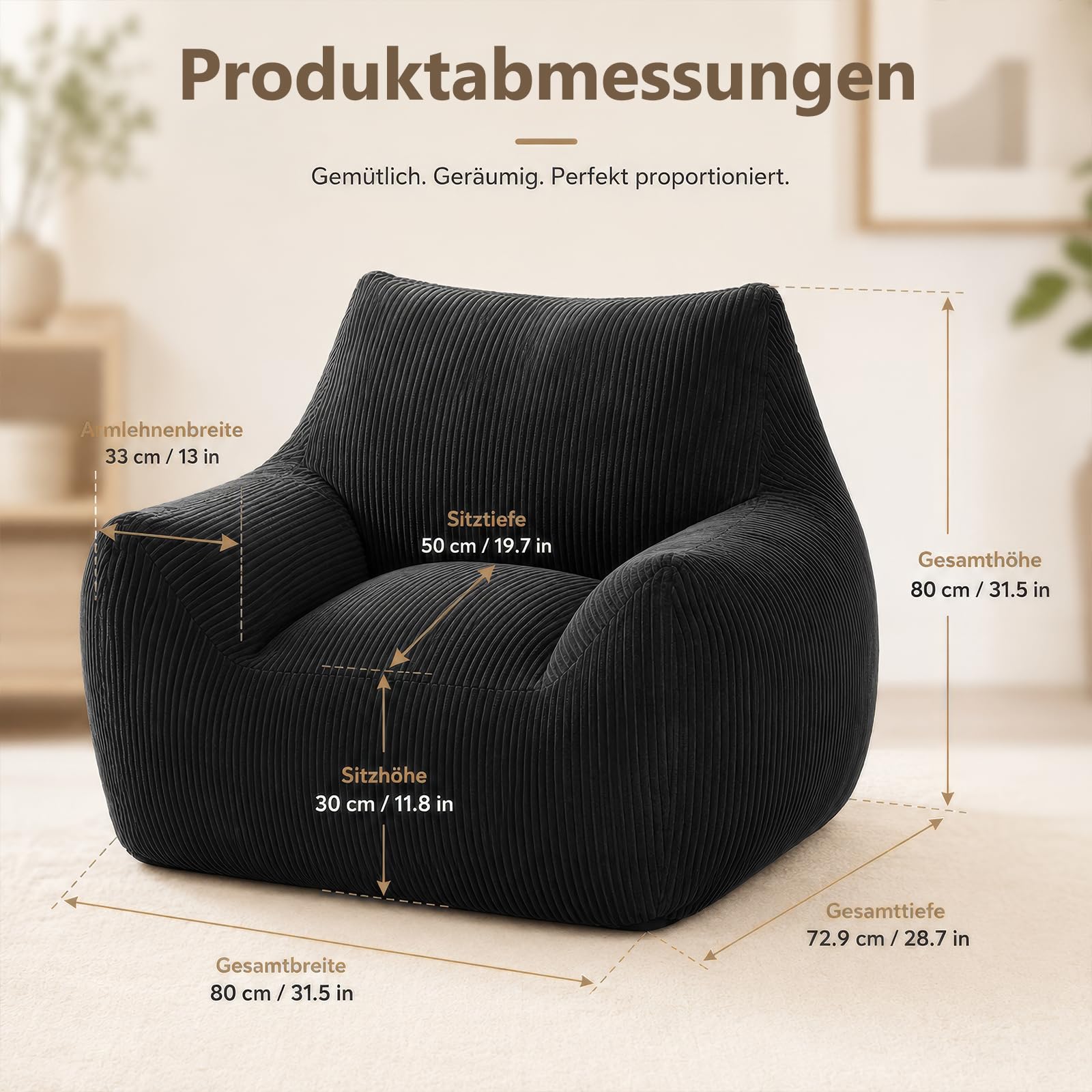 Puf para adultos con relleno, sillón de pana con respaldo, sillón grande para videojuegos y silla de suelo para salón, dormitorio y habitación juvenil, 80 x 73 x 80 cm, color negro
