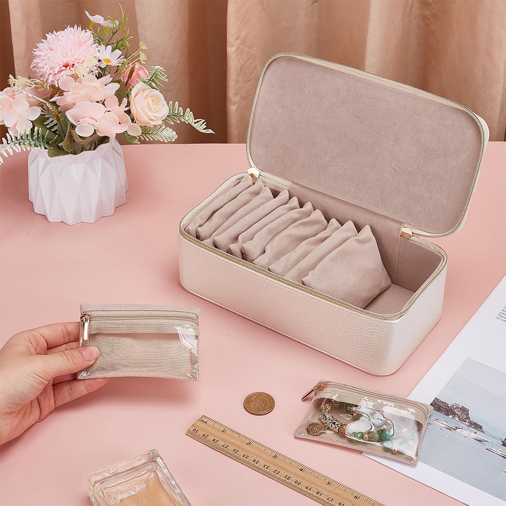 FINGERINSPIRE Schmuckschatulle Mit Taschen Set 23.5x11.7x8.4cm Weiß Reise Schmuck Organizer Mit 12 Samtbeuteln Aufbewahrungskoffer Aus PU Leder Mit Griff Zum Schutz von Halsketten Ringen Ohrringen