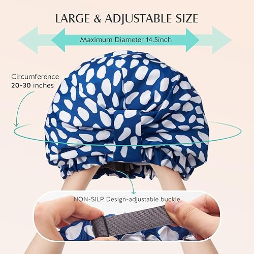 Miniatura 4 de YFONG Gorro de ducha reutilizable para mujer, impermeable y duradero, con forro de doble capa, gorra de pelo ajustable para todas las longitudes de