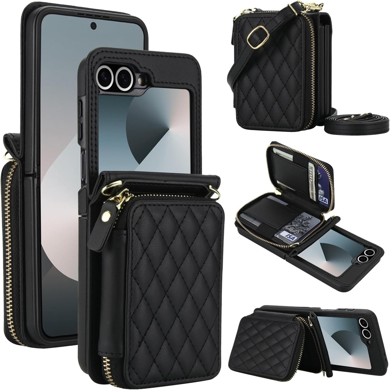 Asuwish Phone Case for Samsung Galaxy Z Flip 6/Z Flip 7 FE 5G Wallet Cell Cover with Wrist Lanyard Crossbody Strap Stand RFID Blocking Credit Card Holder Slot Z6 G Flip6 ZFlip Flip7 Women Girls Black