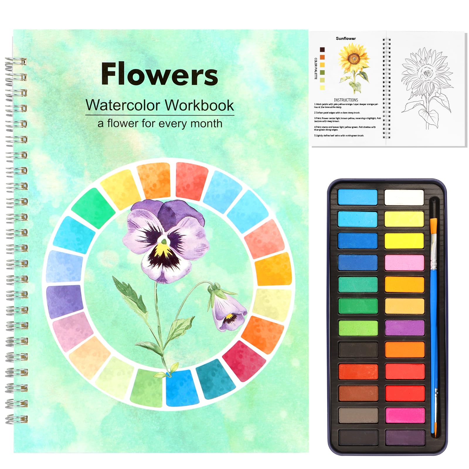 BLSFXROE Watercolor Workbook, 24 Colors Solid Paint Set, Flower Themed DIY Patterns, Anti-Warp Paper, Beginner Friendly Art Kit For Adults Teens Kids (Flower（24 Colors）)