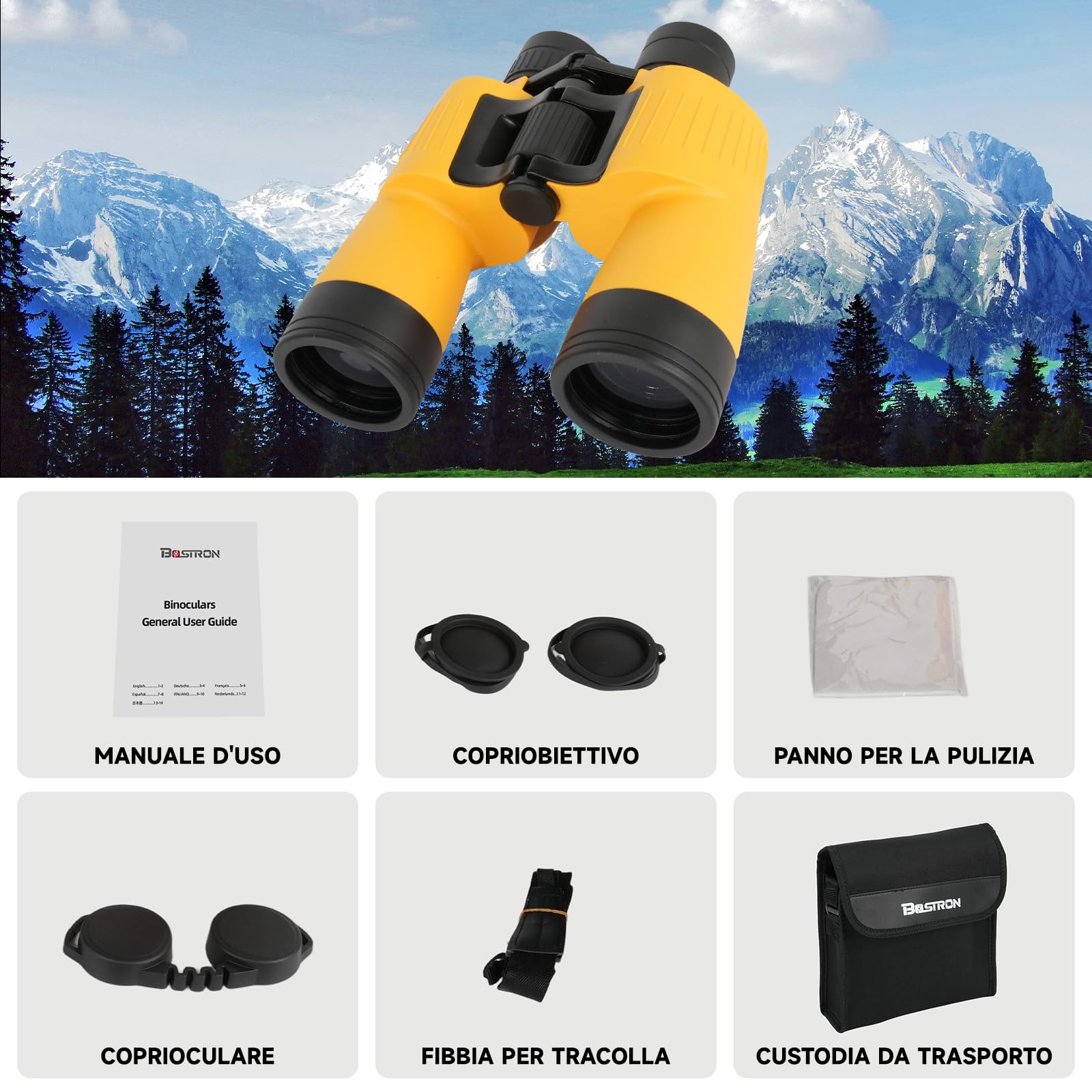 Binocolo 7x50 Professionale per Adulti, Binocolo Impermeabile e Galleggiante, con Prismi BAK4 e Lenti FMC, per Nautica, Caccia, Pesca e Sport, Colore Giallo